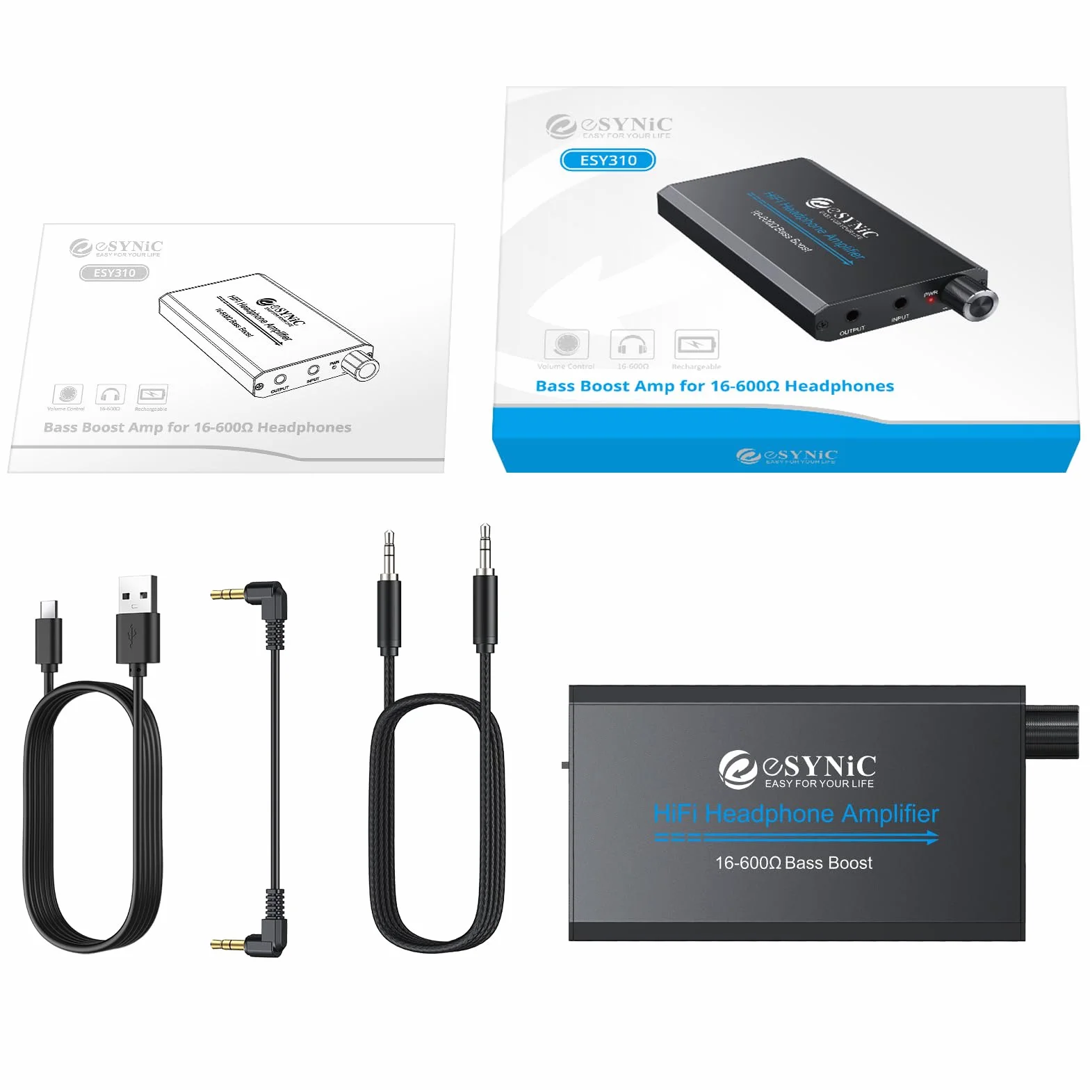 eSynic 16-600Ω Amplificatore per Cuffie Professionale con Jack 3.5mm, Ricaricabile Type-C, Lega Alluminio