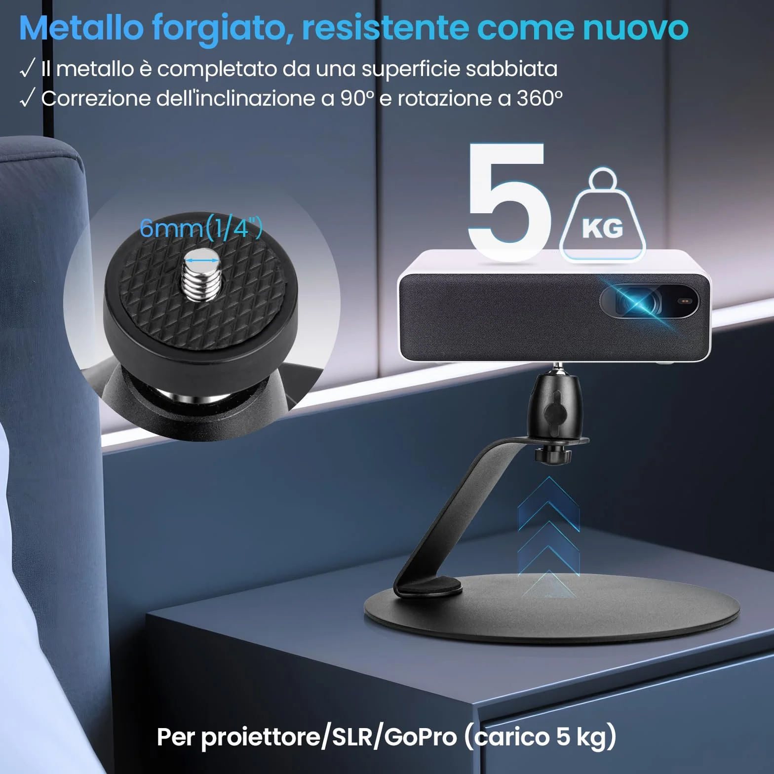 Porta Proiettore Da Tavolo, Supporto Proiettore Tavolo Con Interfaccia A Vite Da 1/4 Di Pollice, Supporto Proiettore Con Rotazione A 360°, Per Home Cinema, Sala Giochi, Ufficio (B)