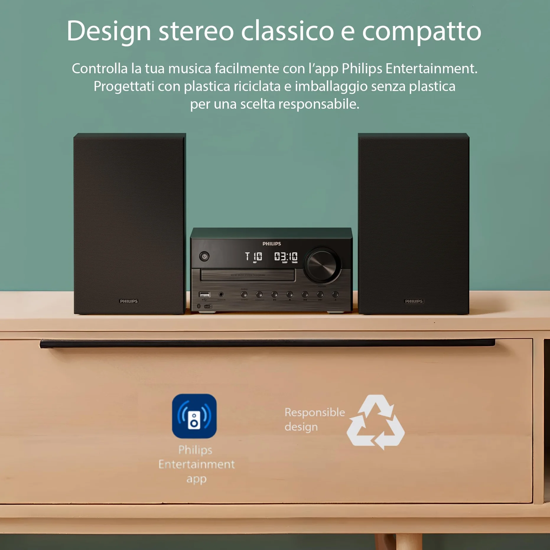 Philips TAM4555M2 Sistema Micro Hi-Fi – 100W, Altoparlanti Bass Reflex, DAB+/FM, CD, USB, Audio-in, Bluetooth 5.4, Auracast, Telecomando, Digital Sound Preset, Imballaggio ecologico