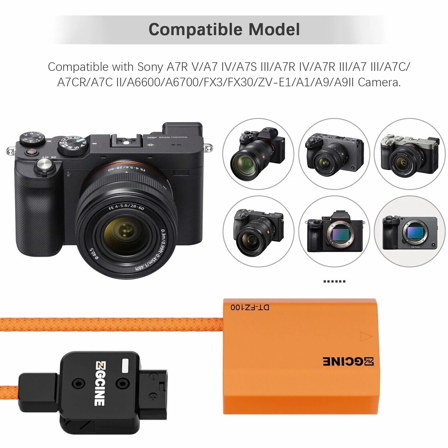 ZGCINE D-Tap a NP-FZ100 Batteria Fittizia per Sony, Connettore D-Tap Ruotabile a 180°, Uscita Regolata a 8.4 V, Compatibile con Sony A7IV A7III A7SIII A7RV FX3 FX30 A7CII A6700 ZV-E1 ZV-E10II A1 A9III