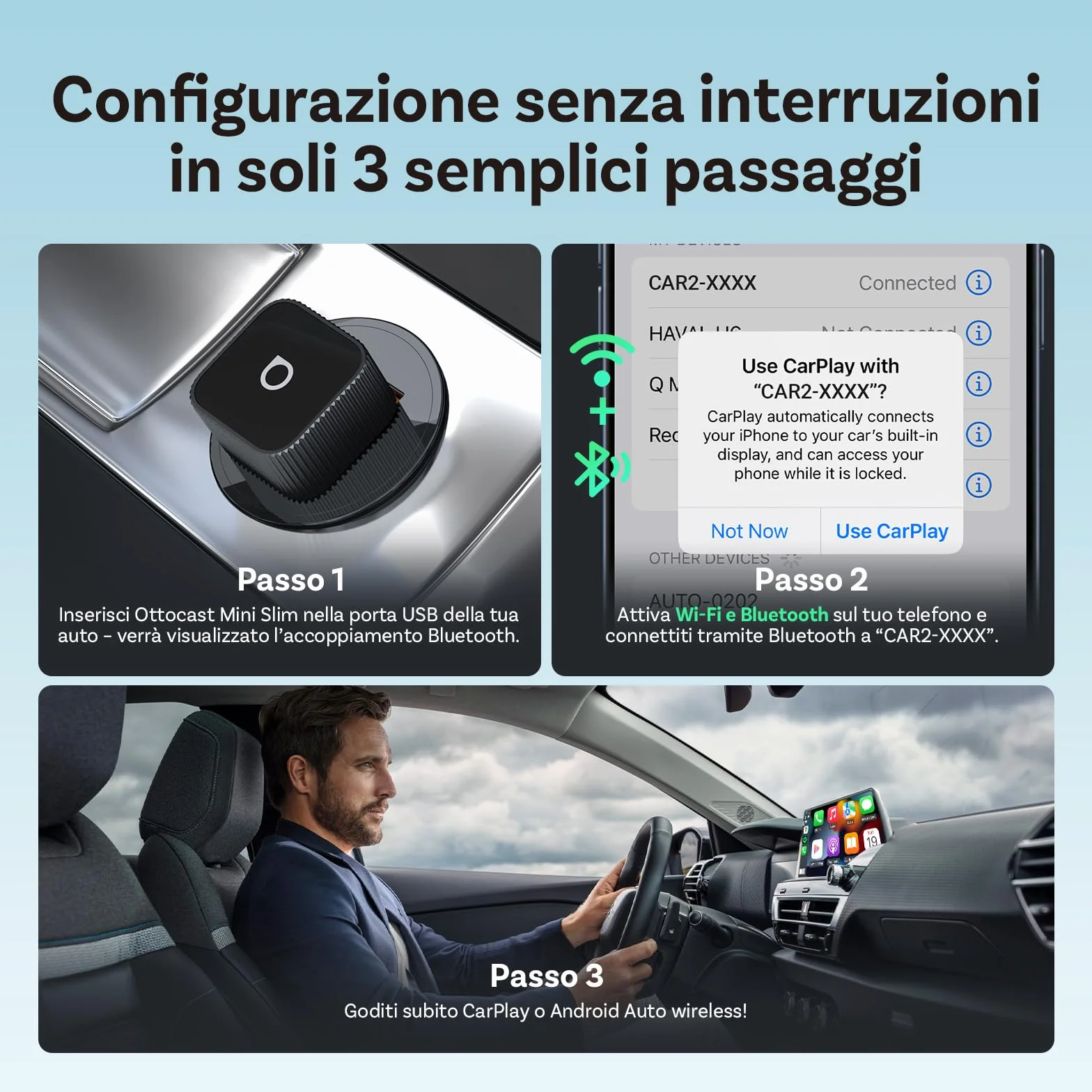 OTTOCAST (2026 Aggiornato) 2 in 1 Adattatore Wireless CarPlay & Android Auto, Mini Slim per iOS 10+ & Android 11+, Supporto Multi-Utente, Plug & Play, Connessione Veloce