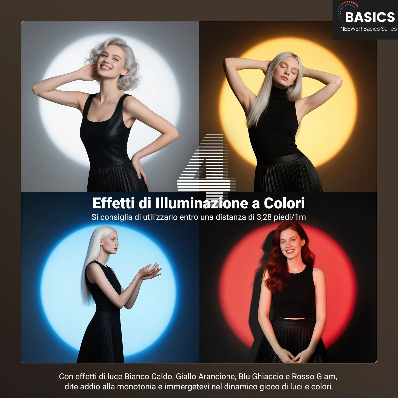 NEEWER BASICS Torcia Fotografica RGB con 4 Colori/20 Filtri Gobo/7500mAh, 10W Faretto Video LED Portatile, Luce Ambientale al Tramonto in Lega Alluminio per l'Illuminazione Studio Riprese Video, FL10