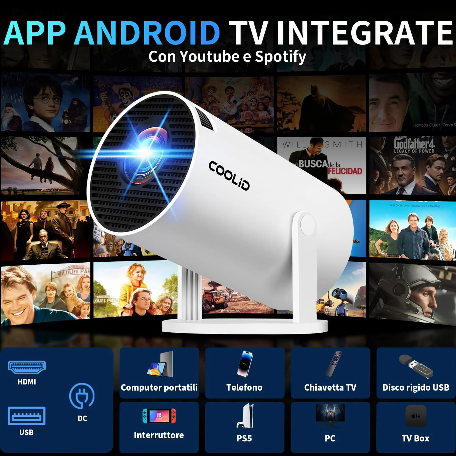 Mini Proiettore [App Integrata & 2026 Upgraded] Proiettore Portatile 4K 1080P con 5G WiFi 6 e BT 5.4 Supporta Rotativo 180° Correzione Trapezoidale Automatica Applicabile TV Stick/USB/HDMI,Bianco