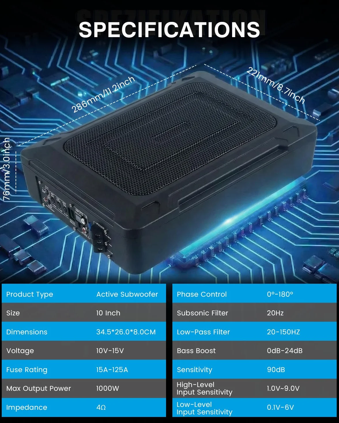 Subwoofer auto ultraflatto, adatto per auto/camion, con amplificatore integrato, installabile sotto i sedili, potenza massima 1000W, subwoofer compatto