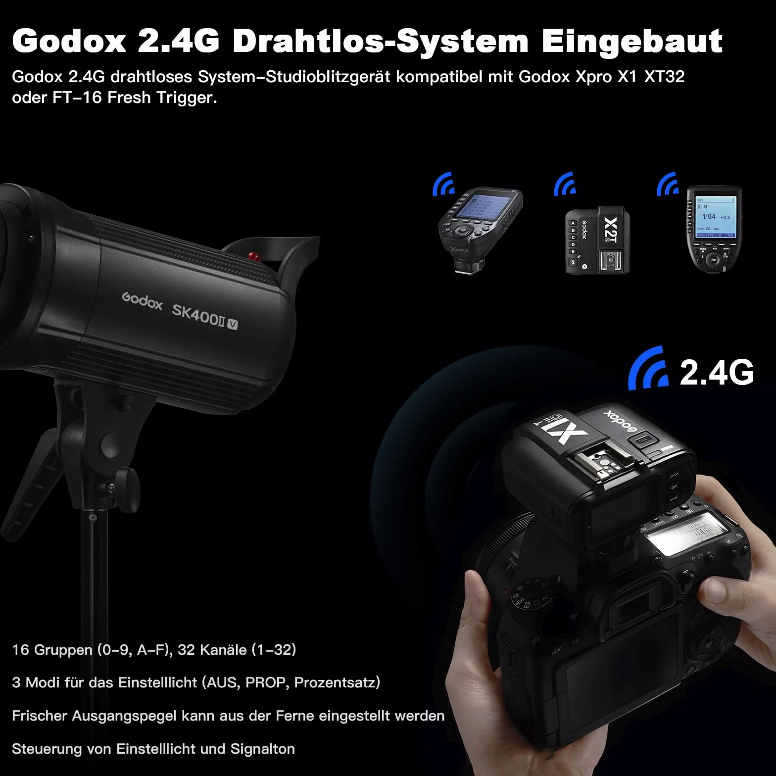 GODOX SK400II-V Flash da Studio Stroboscopico SK400II-V Bowens Mount,400W,Sistema X Wireless 2.4G,5600±200K,Lampada per Modellazione LED con Montaggio Bowens per Studio (SK400II Versione Aggiornata)