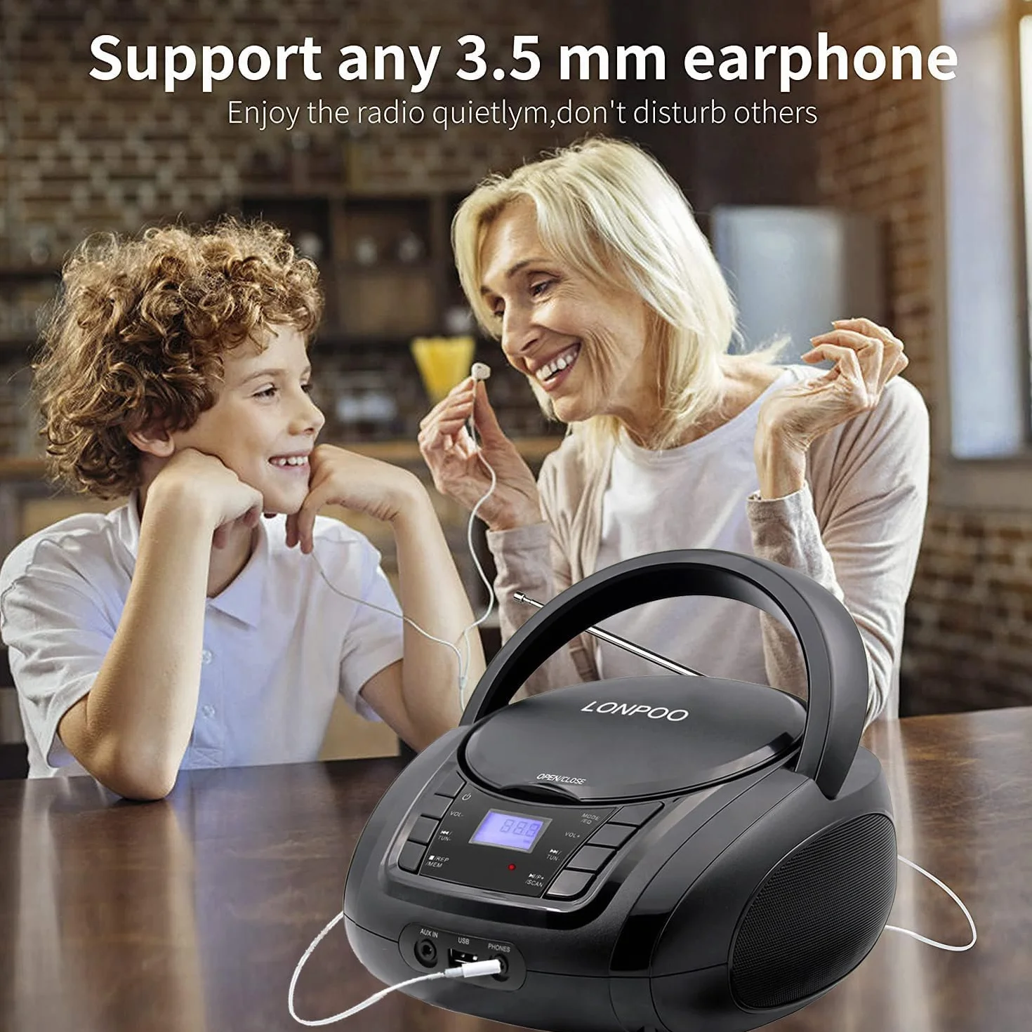 LONPOO Stereo Lettore CD portatile Bluetooth Boombox Connettività Radio FM, USB, AUX, Uscita cuffie, HiFi Altoparlanti (LP-D03BLACK)