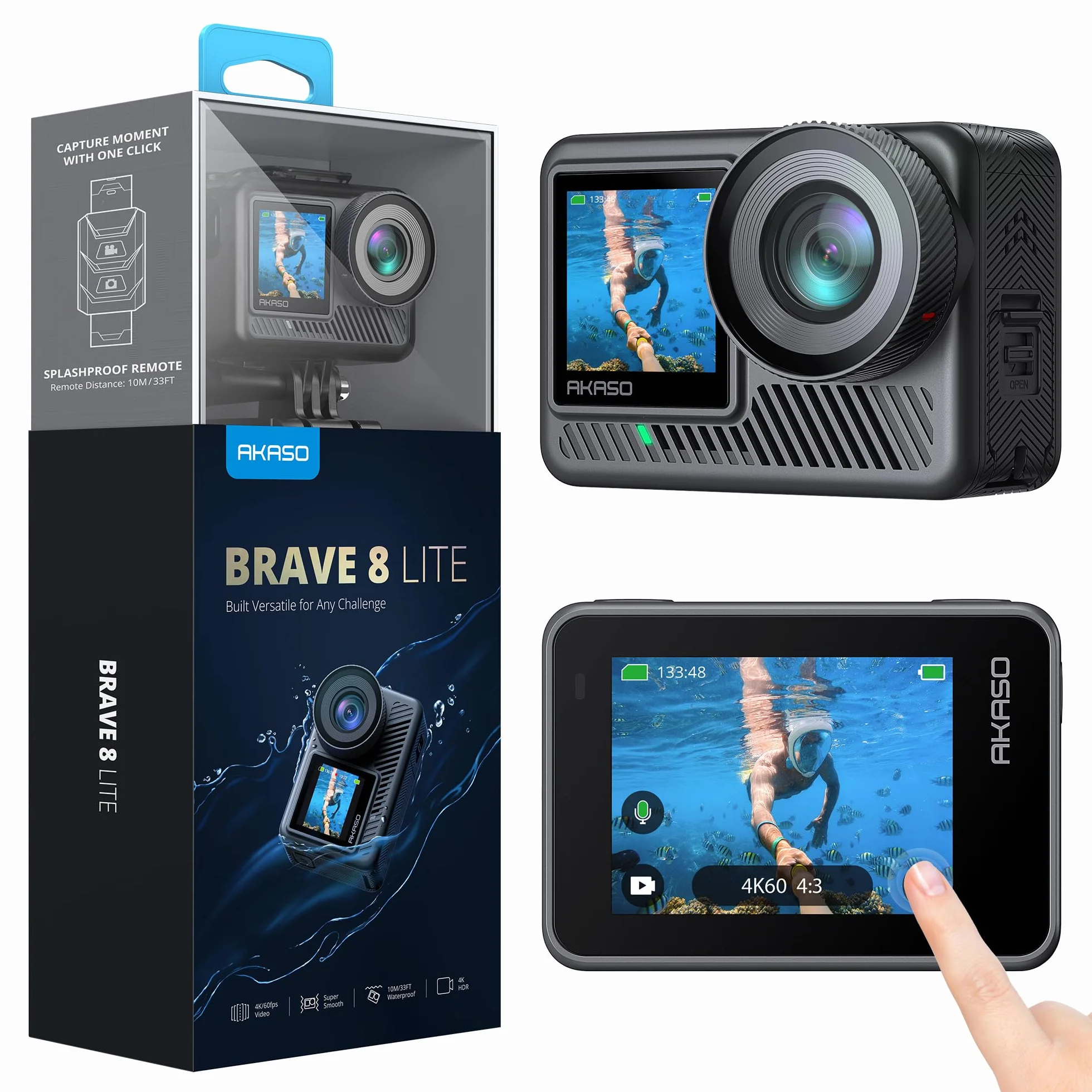AKASO Brave 8 Lite Action Cam 4K60FPS 20MP WiFi Fotocamera Subacquea con Doppio Schermo, Stabilizzazione SuperSmooth, Grandangolo 150°, Impermeabile fino a 60M, Zoom 4X, Slo-mo 8X, 2x1550mAh Batterie