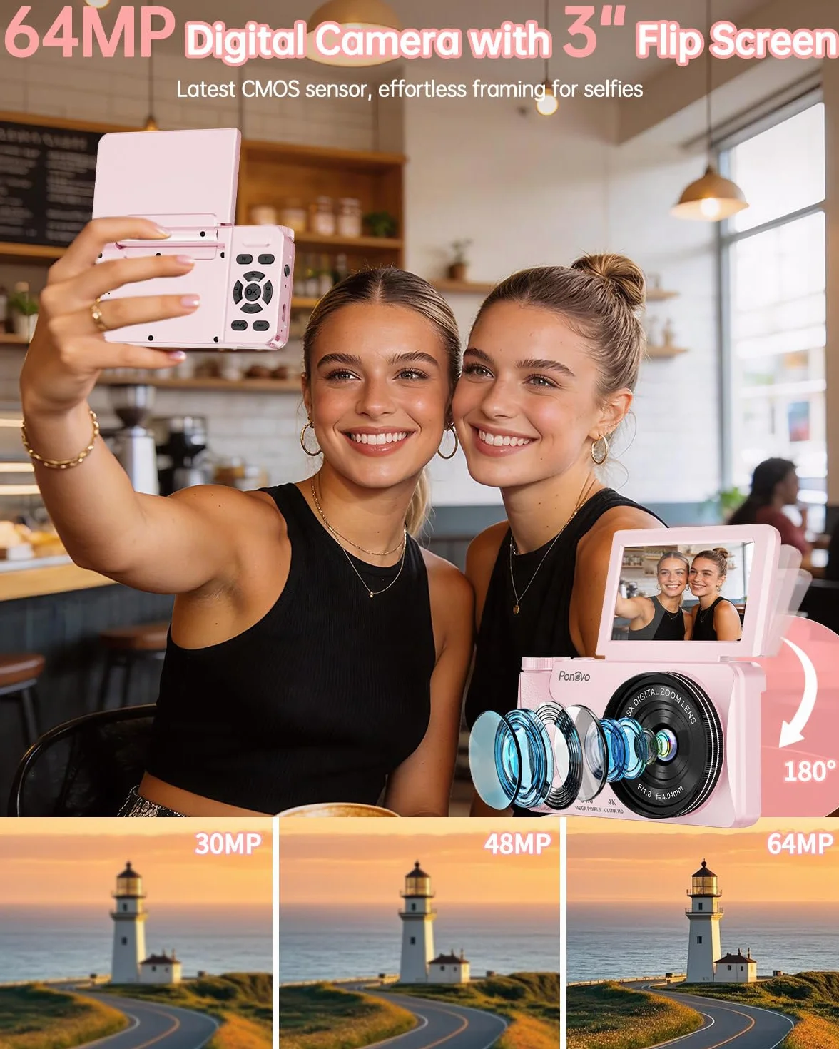 Fotocamera Digitale 4K Videocamera con Schermo 3" Rotante 180° per Vlog, Ponovo Macchina Fotografica Compatta 64MP Autofocus con Zoom Digitale 18X, 2000mAh Fotocamera Portatile 32GB per Studenti Festa