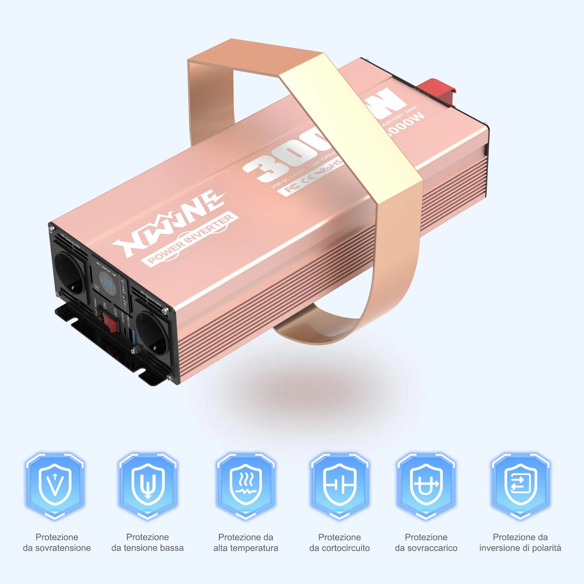 XWJNE Inverter 12V 220V/230V Onda Sinusoidale Pura 3000W, Convertitore di Tensione con 2 Prese CA, 1 Porte USB-A e 1 Porte USB-C, Display LCD, Telecomando 5M, per Camper, Camion, Casa e Emergenza
