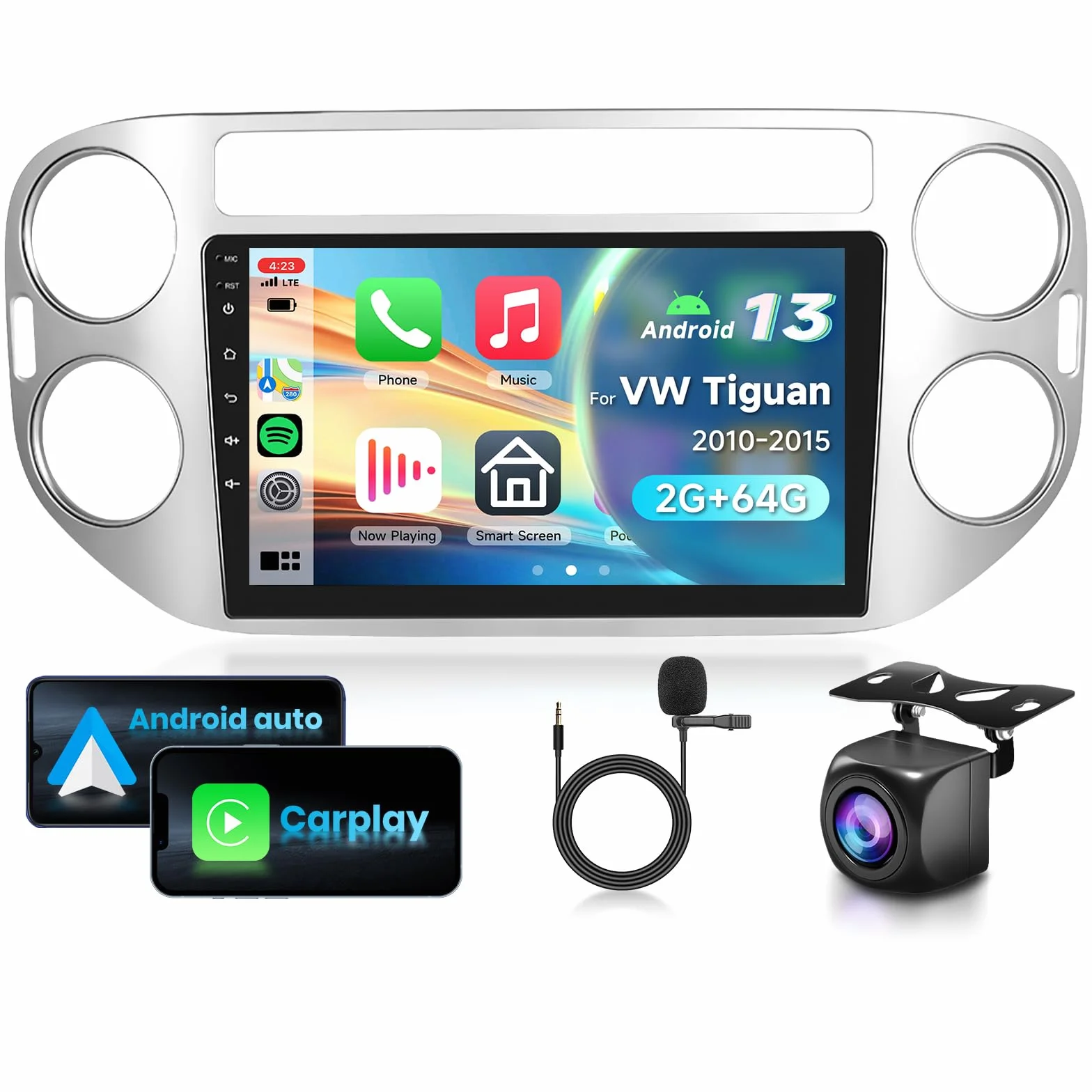 2G&64G VECHTEL 9"Autoradio per VW Tiguan 2010-2015 con Carplay Android Auto Wireless, Android 13, touchscreen Bluetooth RDS/FM Radio, Wi-Fi Navigazione/Telecamera posteriore AHD/CANBUS