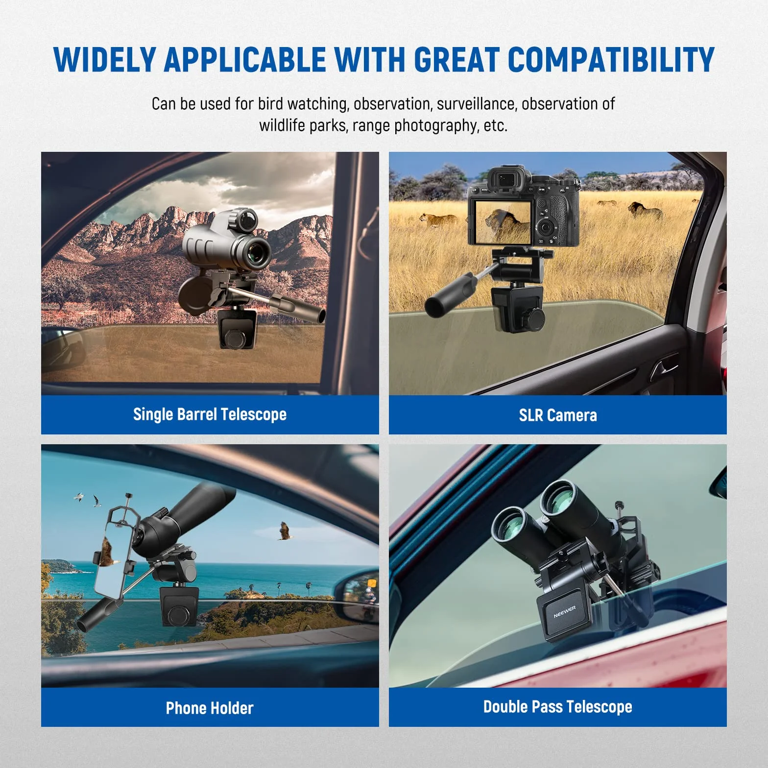 NEEWER Supporto per Finestrino Auto con Maniglia per Spotting Scope, Resistente per DSLR Telescopi, Rotazione a 360° Inclinazione a 120° per Osservazione di Fauna Selvaltica, Bird Watching, Scoutismo