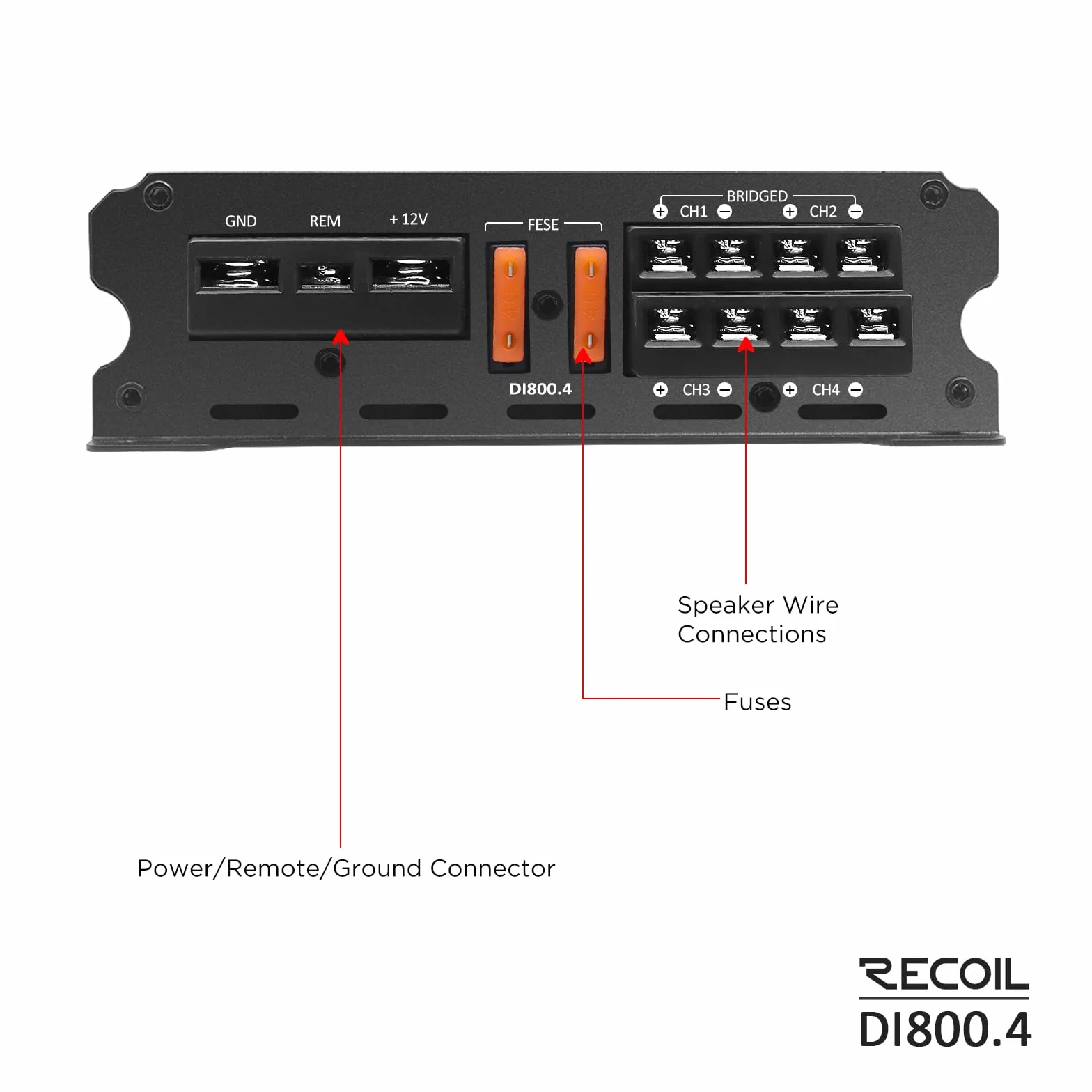 Recoil DI800.4 amplificatore audio per auto a 4 canali in classe D a gamma completa , 1500 watt, 2-4 Ohm stabili, alimentazione a Mosfet, collegabile a ponte