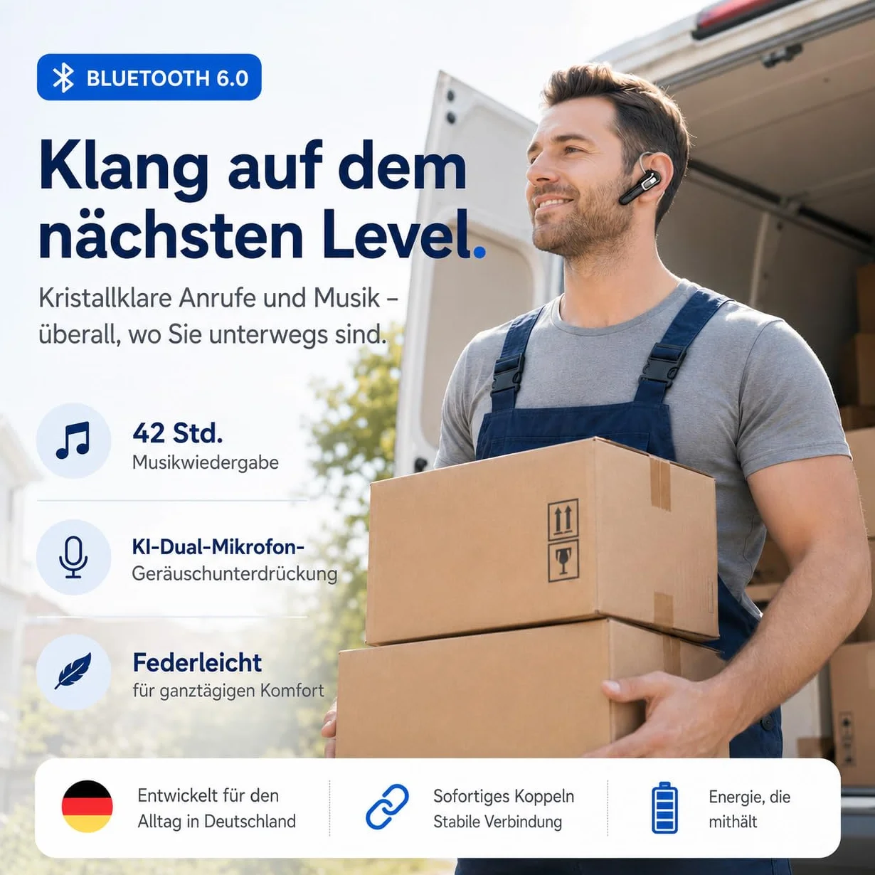 Micool Cuffie Bluetooth V6.0 con cancellazione del rumore AI & 38 ore di conversazione – Auricolari singoli, doppio accoppiamento, auricolare Bluetooth leggero per guida/ufficio/magazzino (nero/oro)