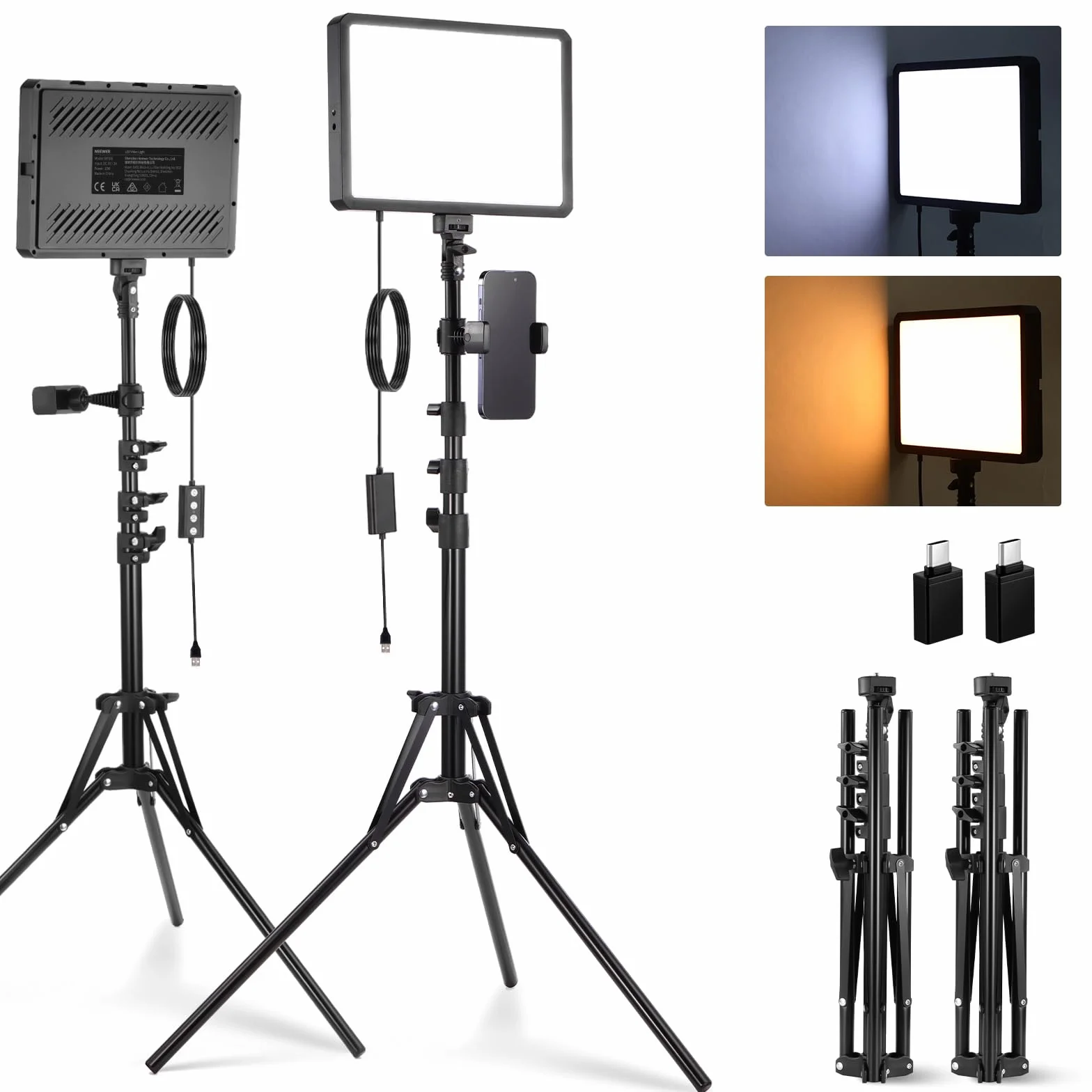 NEEWER Basics 2pz Luci Fotografiche a Pannello LED con Stativi 59''/Porta Telefono, Luce da Studio in Plastica Dimmerabile 2700-6500K 850Lux per Foto Video Film Streaming Live, Senza Adattatore,BP300