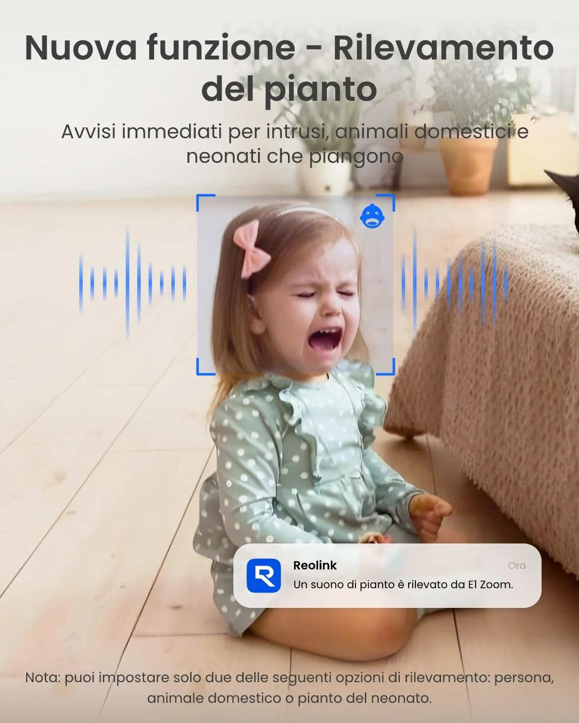 Reolink 5MP Telecamera WiFi Interno, Wi-Fi a Doppia Banda 2.4/5 GHz, Apertura F1.6, Rilevamento Uomo/Animale/Pianto, Copertura a 360°, Inseguimento Automatico, Supporta Alexa, Modalità Privacy, E1 Pro