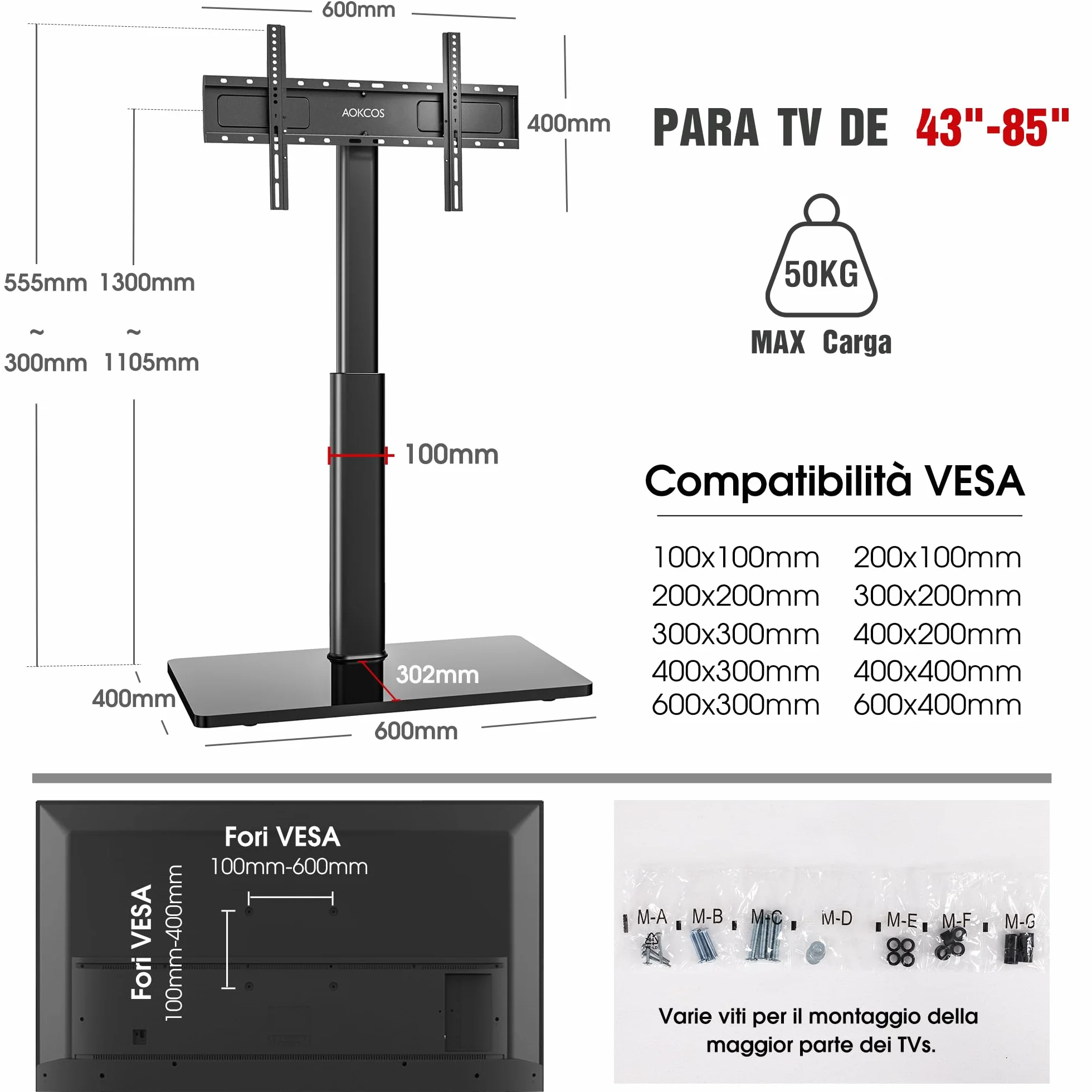 AOKCOS Supporto TV da Pavimento Girevole per 42-85 Pollici, inclinabile & Girevole & Altezza Regolazione Mobile Porta TV da Terra, Universale Max VESA 600x400mm 50kg
