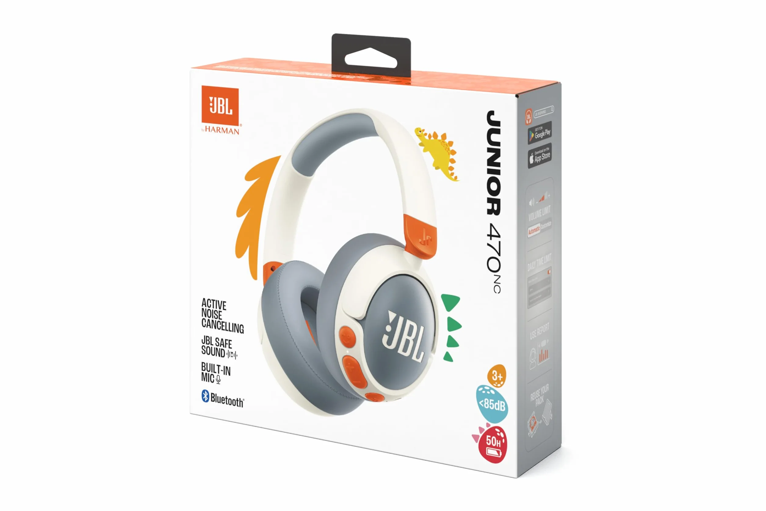 JBL Junior 470 NC Cuffie Over-Ear Bluetooth Wireless per Bambini, con Cancellazione Attiva del Rumore, Microfono Integrato, 50 Ore di Autonomia, JBL Safe Sound, Limitatore Volume, Set Adesivi, Bianco