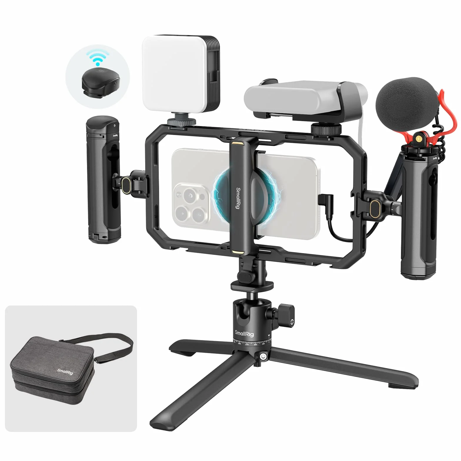 SMALLRIG Universale All-In-One Quick Release Video Telefono Kit Pro, Kit Rig Stabilizzatore Telefono con Microfono a Luce LED QR Treppiede Doppie Maniglie Supporto Power Bank, per Vlogging - 4704