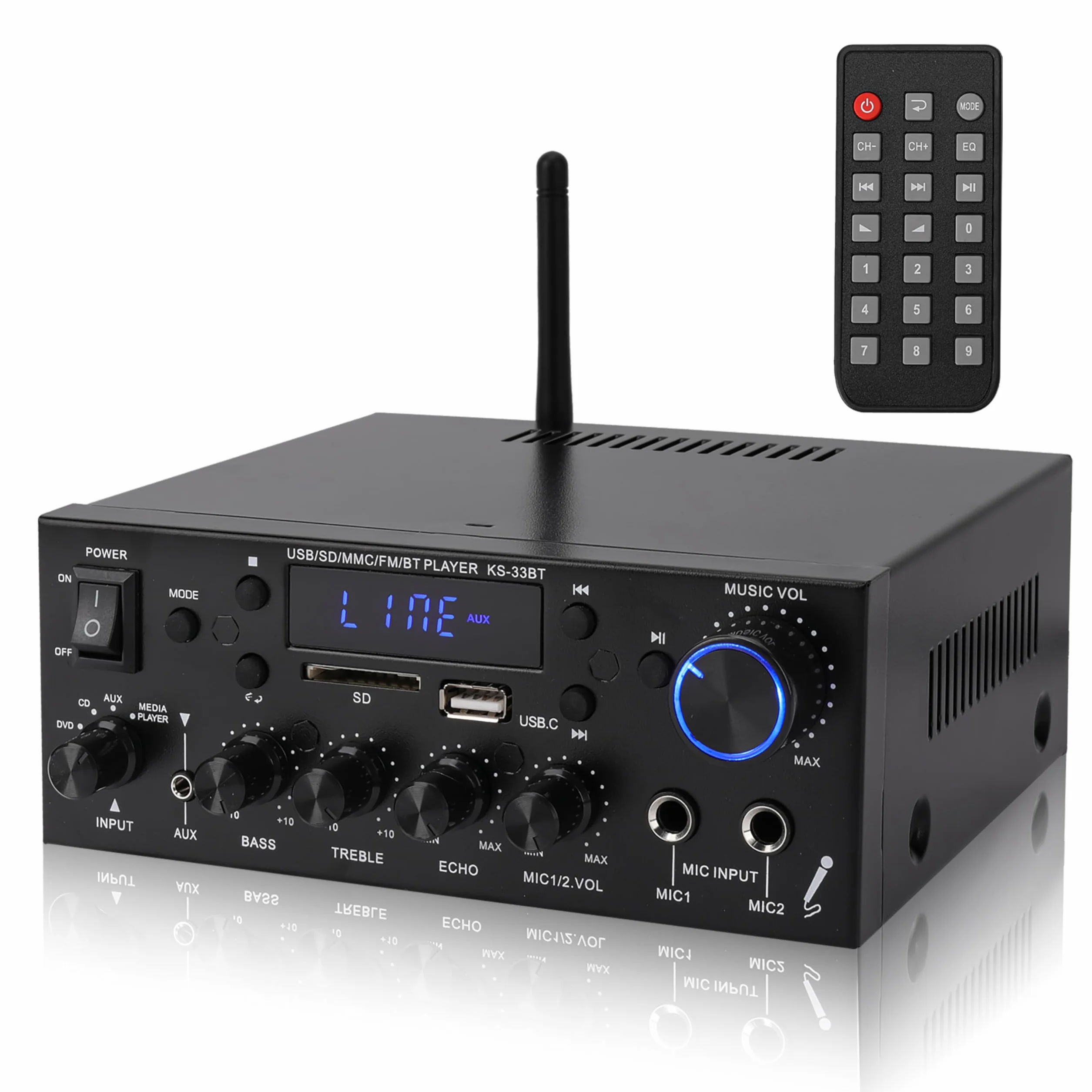 Amplificatore HiFi Audio Stereo BT Portatile 500W+500W 2CH LCD Radio 12V/220V con Telecomando