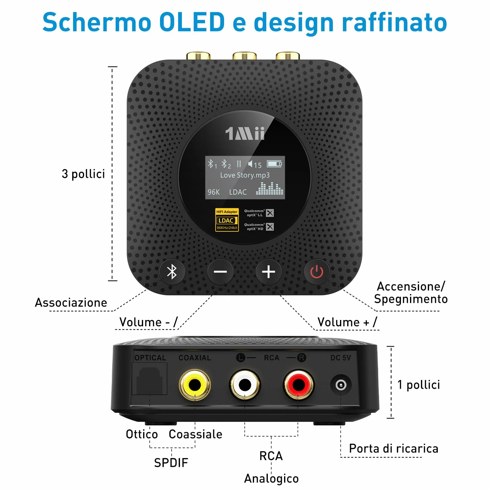 1Mii B06HD+ Ricevitore Bluetooth HiFi, Adattatore Audio Bluetooth 5.3 con DAC Audiophile, LDAC, aptX HD/Bassa Latenza, Controllo Volume, Display OLED per Stereo/Amplificatore, Uscita RCA/OPT/COAX