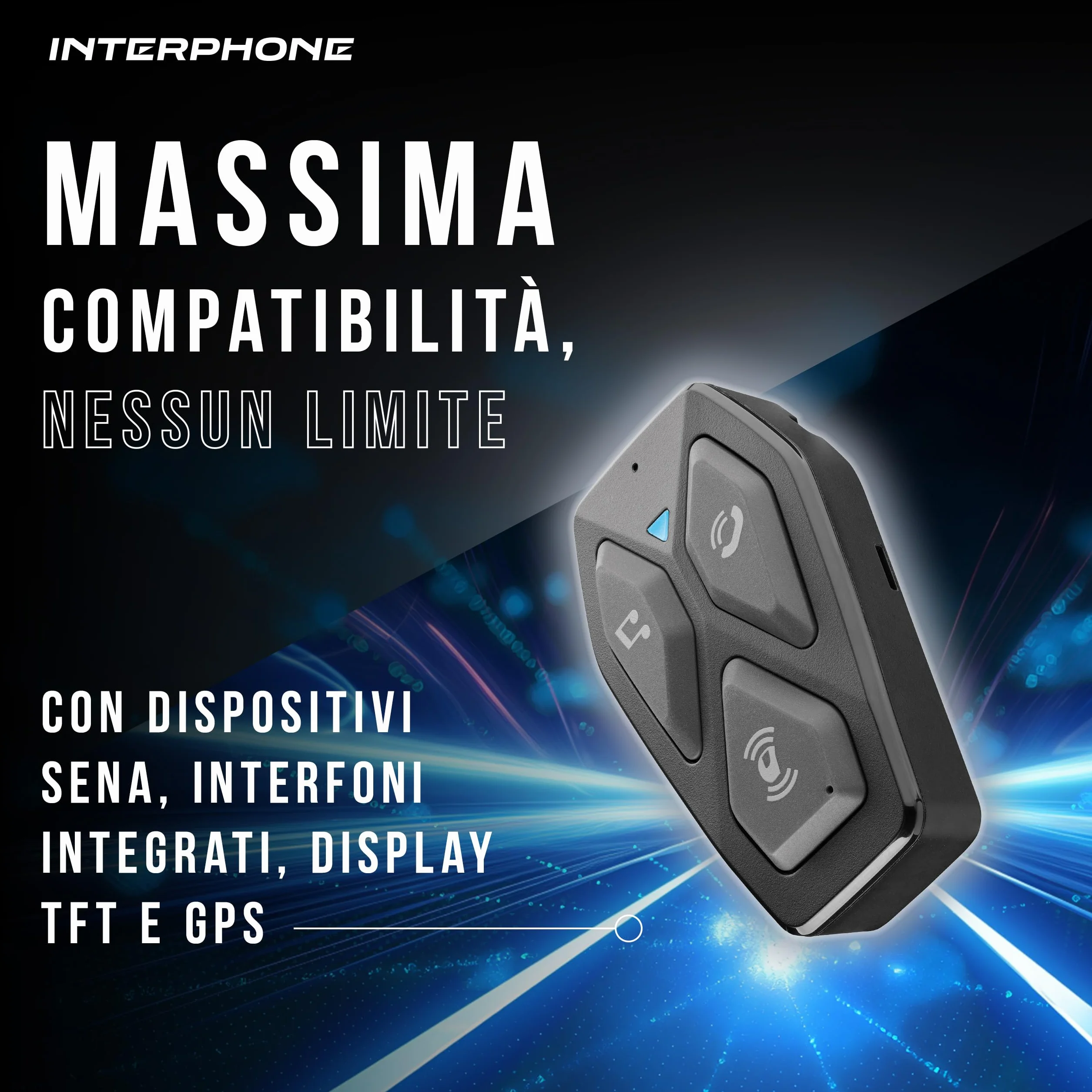 INTERPHONE U-COM 3HD Singolo, Interfono moto di gruppo per 4 utenti fino a 500mt, Interfono casco Bluetooth 5.1 con auricolari HD 40mm per musica, chiamate e GPS, Autonomia 10h e impermeabile IP67