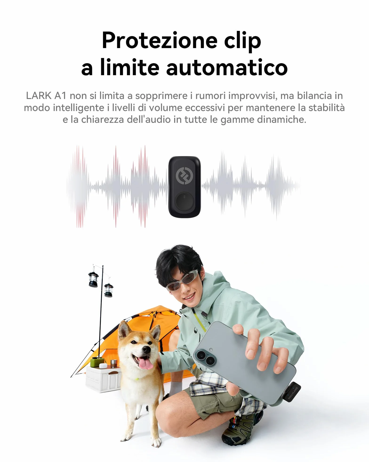 Hollyland LARK A1 Duo Mini microfono wireless per iPhone 15/16 Android 2 TX RX USB-C custodia di ricarica Nero