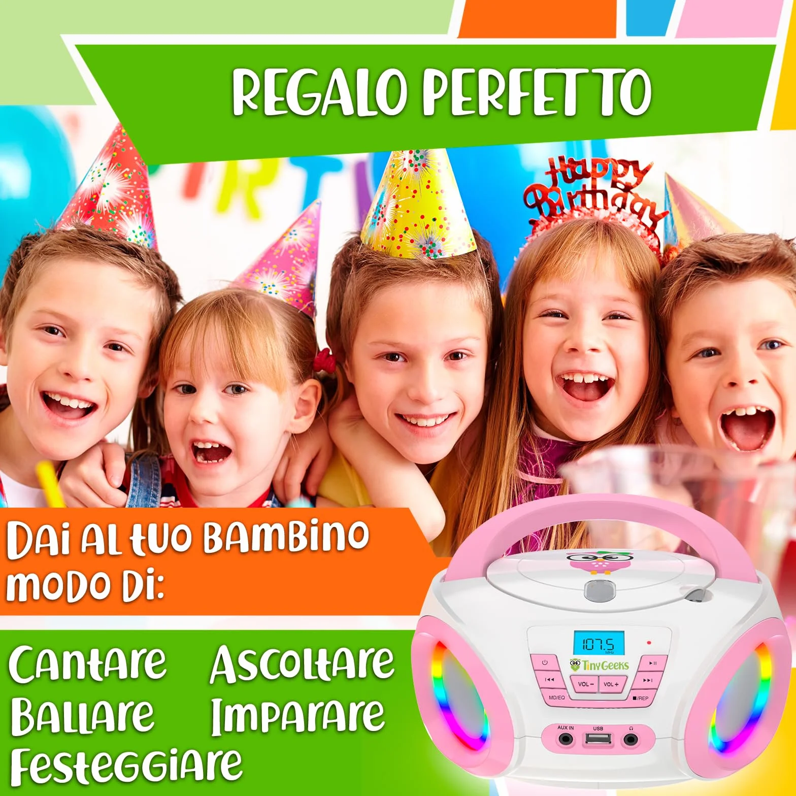 TinyGeeks Tunes CD PLAYER BAMBINI - NUOVO - Radio FM - Batterie incluse - LETTORE CD BAMBINI con altoparlanti - Regalo perfetto - Rosa
