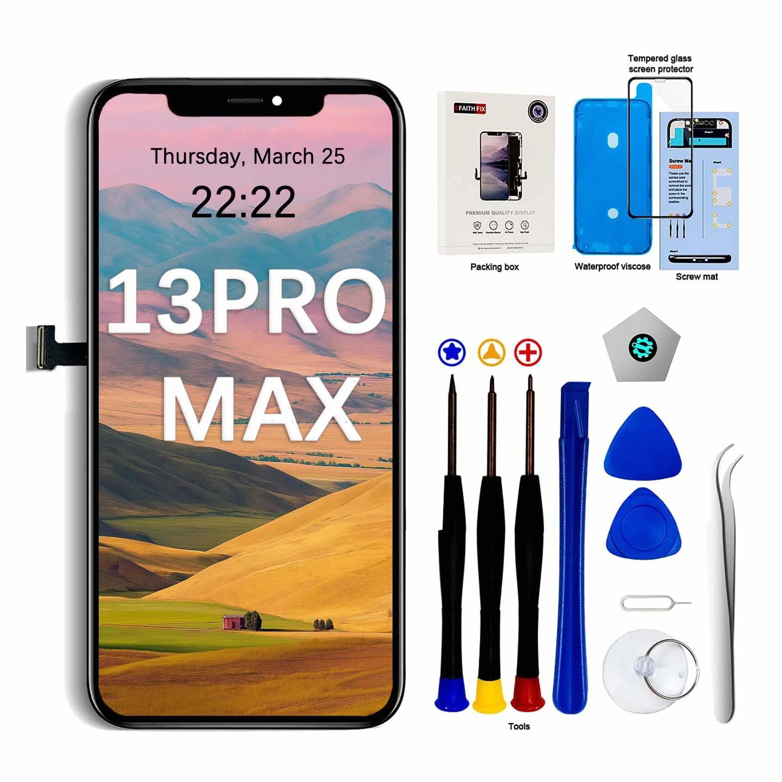EFaith Schermo per iPhone 13 Pro Max 6.7" LCD di ricambio 3D Touch Face ID TrueTone FHD Display Digitizer con kit di riparazione per A2484, A2641, A2644, A2645, A2643