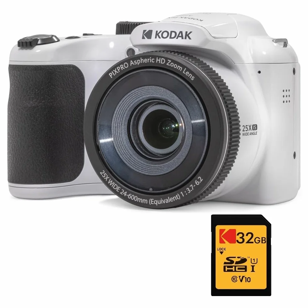 KODAK Pixpro Astro Zoom AZ255 + Scheda di memoria SD da 32 GB - Fotocamera Bridge Digitale 16 MP, Zoom 25X, Video HD 1080p, grandangolare 24 mm, schermo LCD 3, batteria AA - Bianco