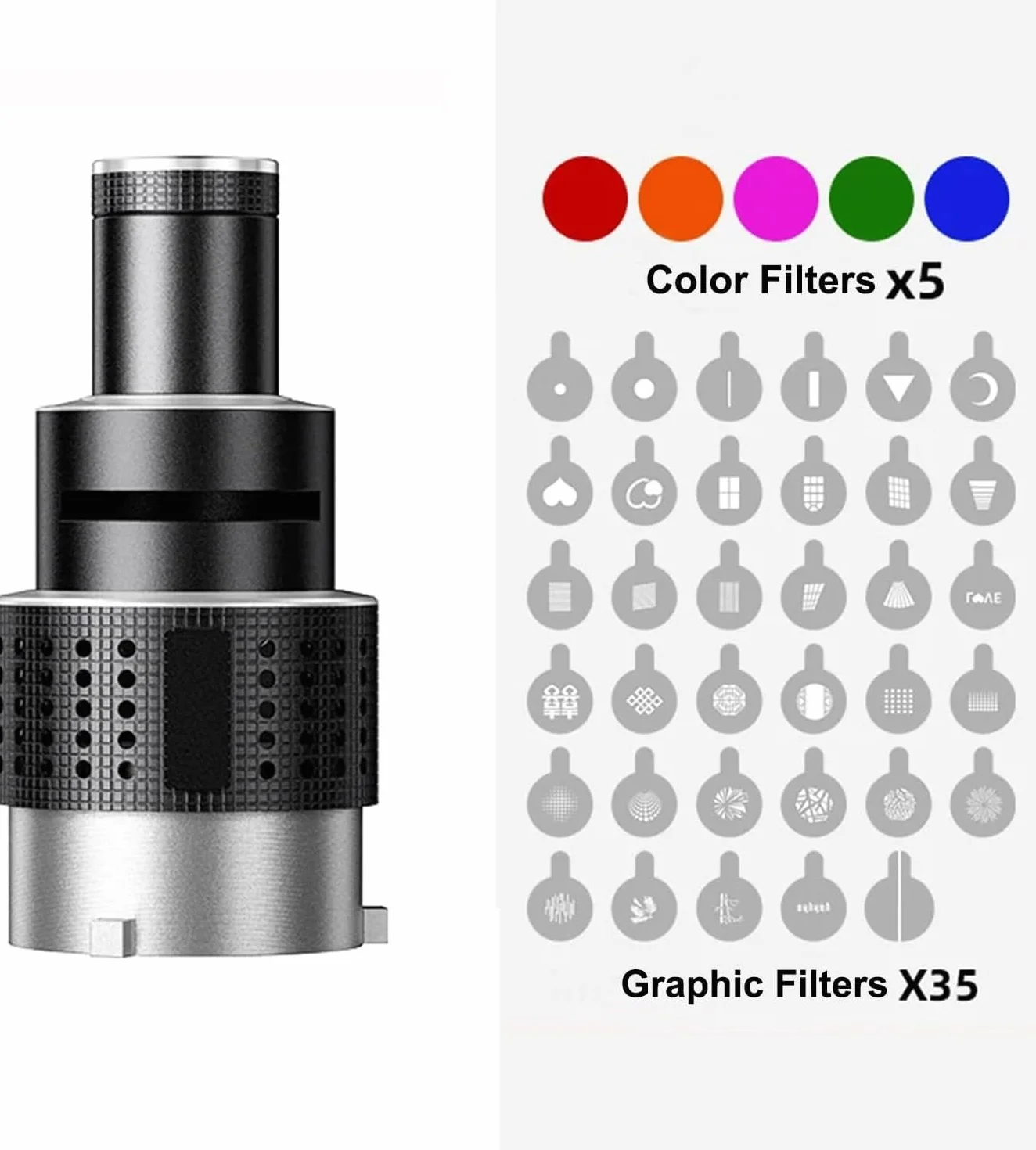 Snoot Bowens - Supporto per proiettore con 35 gobos e 5 filtri a colori, accessorio per luce video per NEEWER CB60B CB200B, Aputure Amaran 60XS 100X/D 200D/X, Godox SL60 SL60W