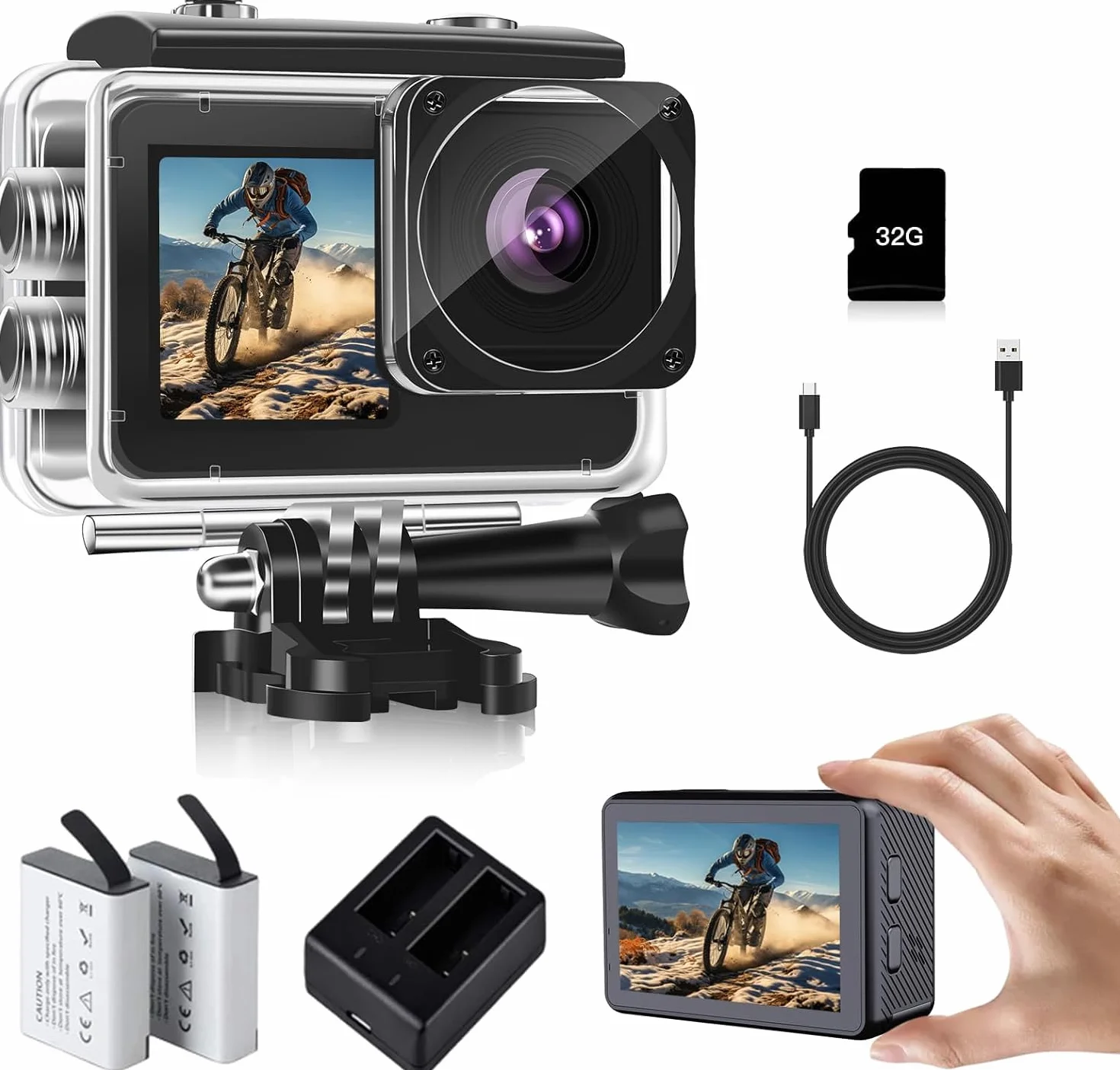Action Cam 1080P FHD 16MP Fotocamera Subacquea 40M Doppio Schermo 2" 1.3" con Scheda SD 32GB 2 Batterie 1050mAh Nero