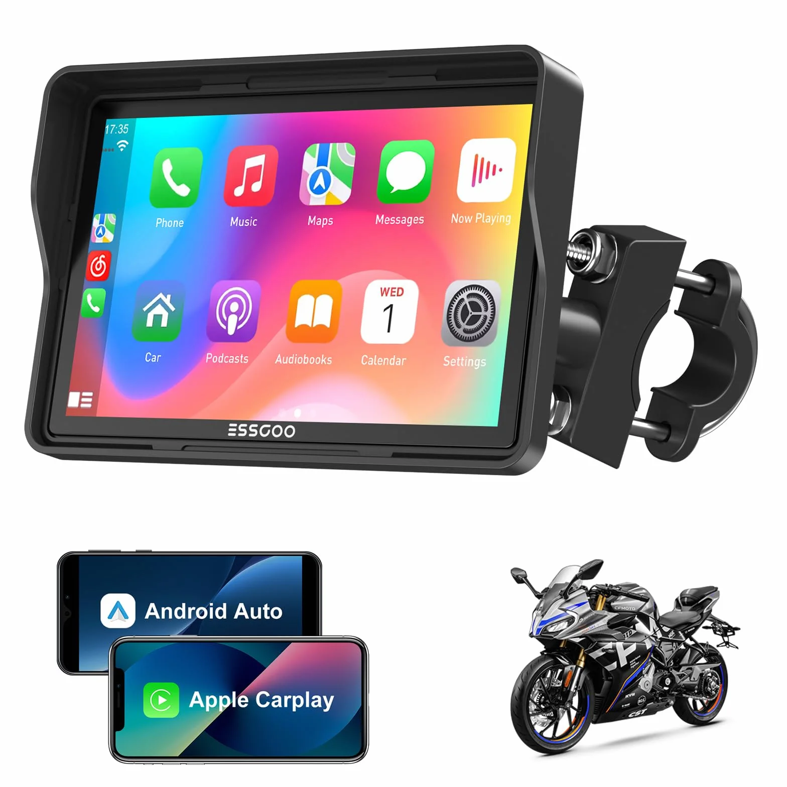 ESSGOO CarPlay moto wireless 5 pollici schermo touch impermeabile GPS Bluetooth Android Auto