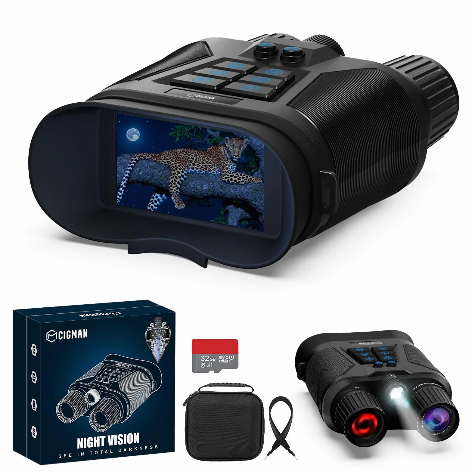 Visore Notturno, CIGMAN Occhiali per Binocolo Visione Notturna 400M Display HD da 3", Binocoli Termici Ricaricabili da 5000mAh Fotocamera HD f/1.4, Zoom Digitale 8X per Caccia, Campeggio, Osservazione