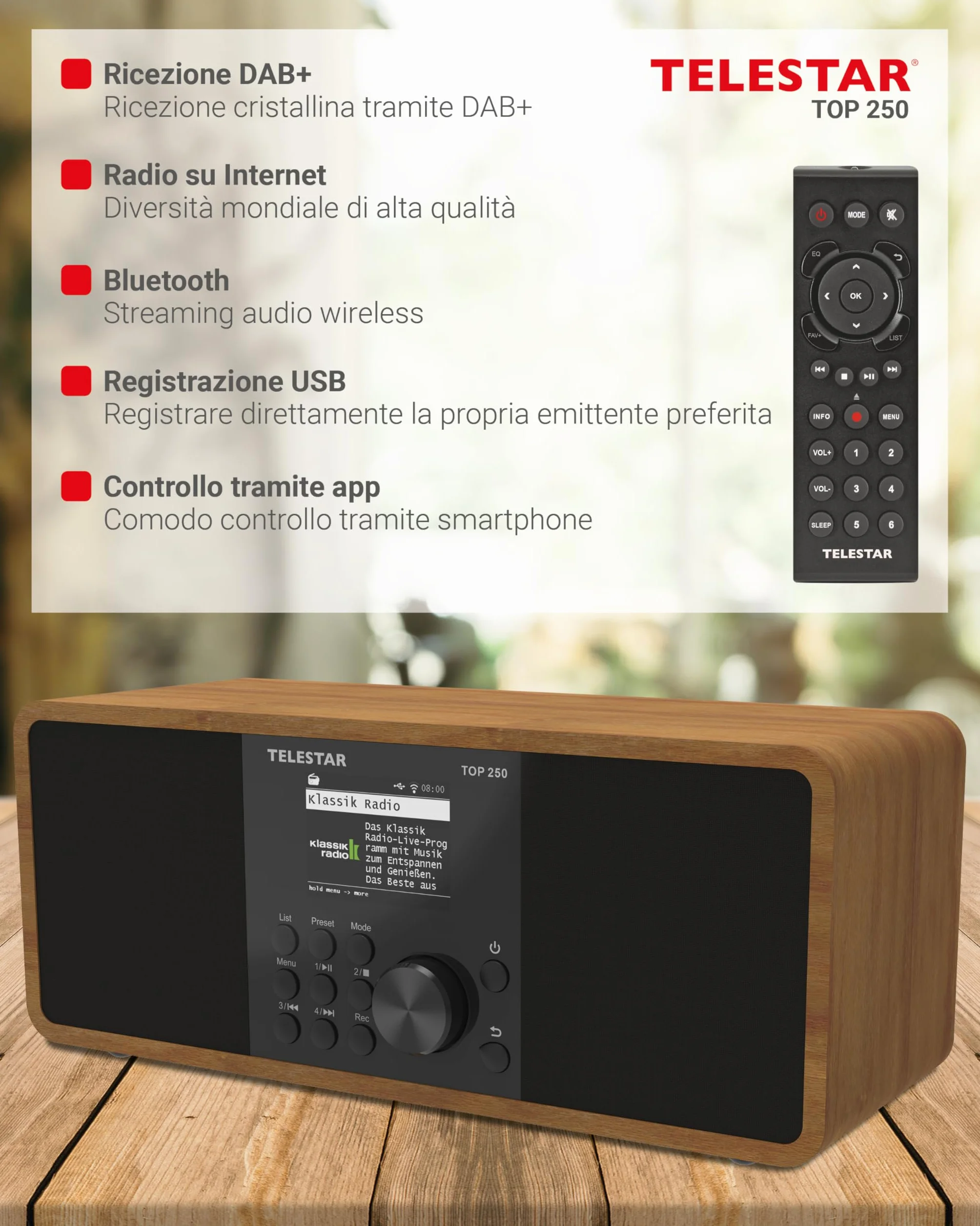 TELESTAR TOP 250 Radio DAB+ Internet Bluetooth Audio-Streaming 2x10W USB registrazione Legno