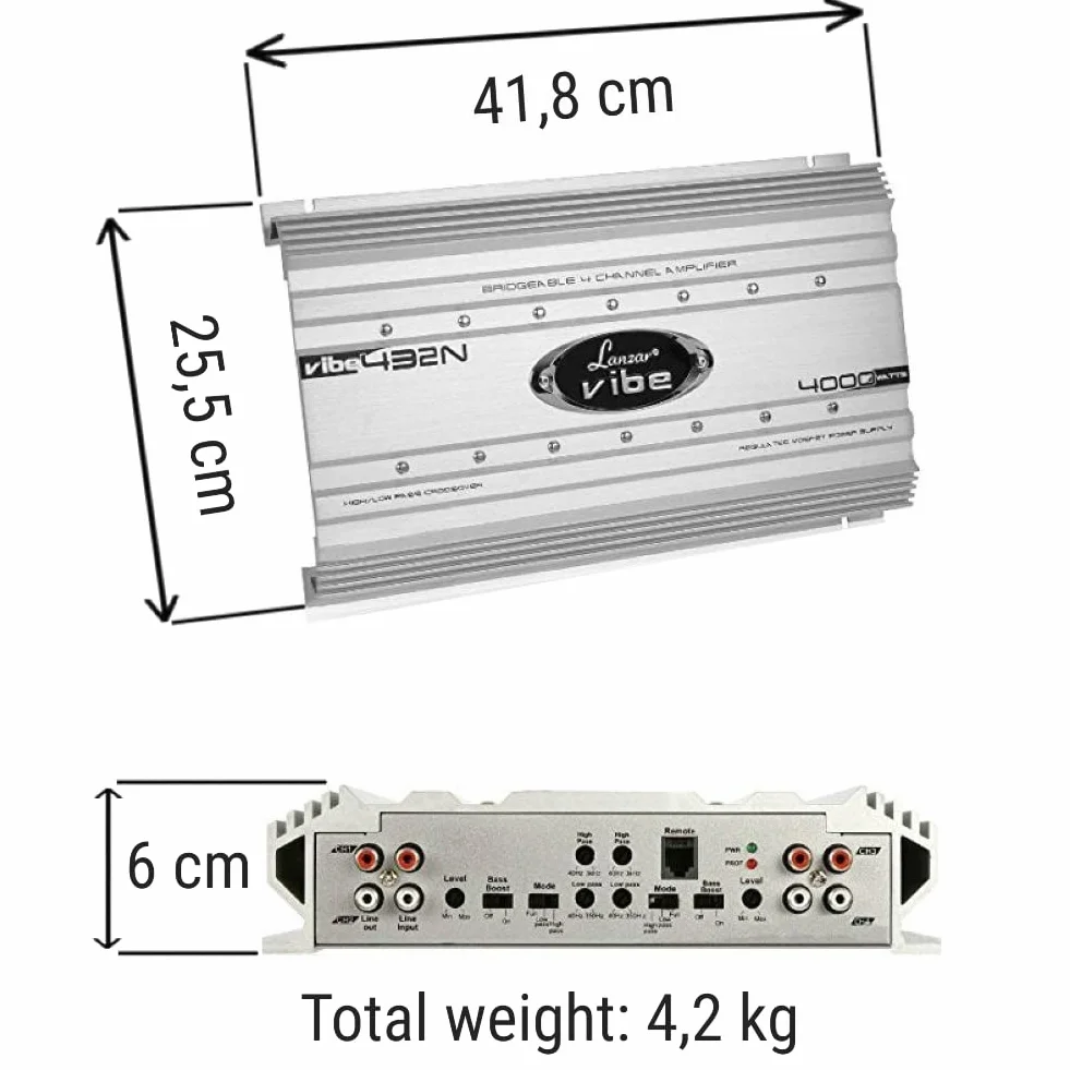 1 LANZAR VIBE 432N VIBE432N amplificatore 4 canali da 2000 watt rms 4 x 500 watt rms 4000 watt max con controllo remoto a distanza incluso, 1 pezzo