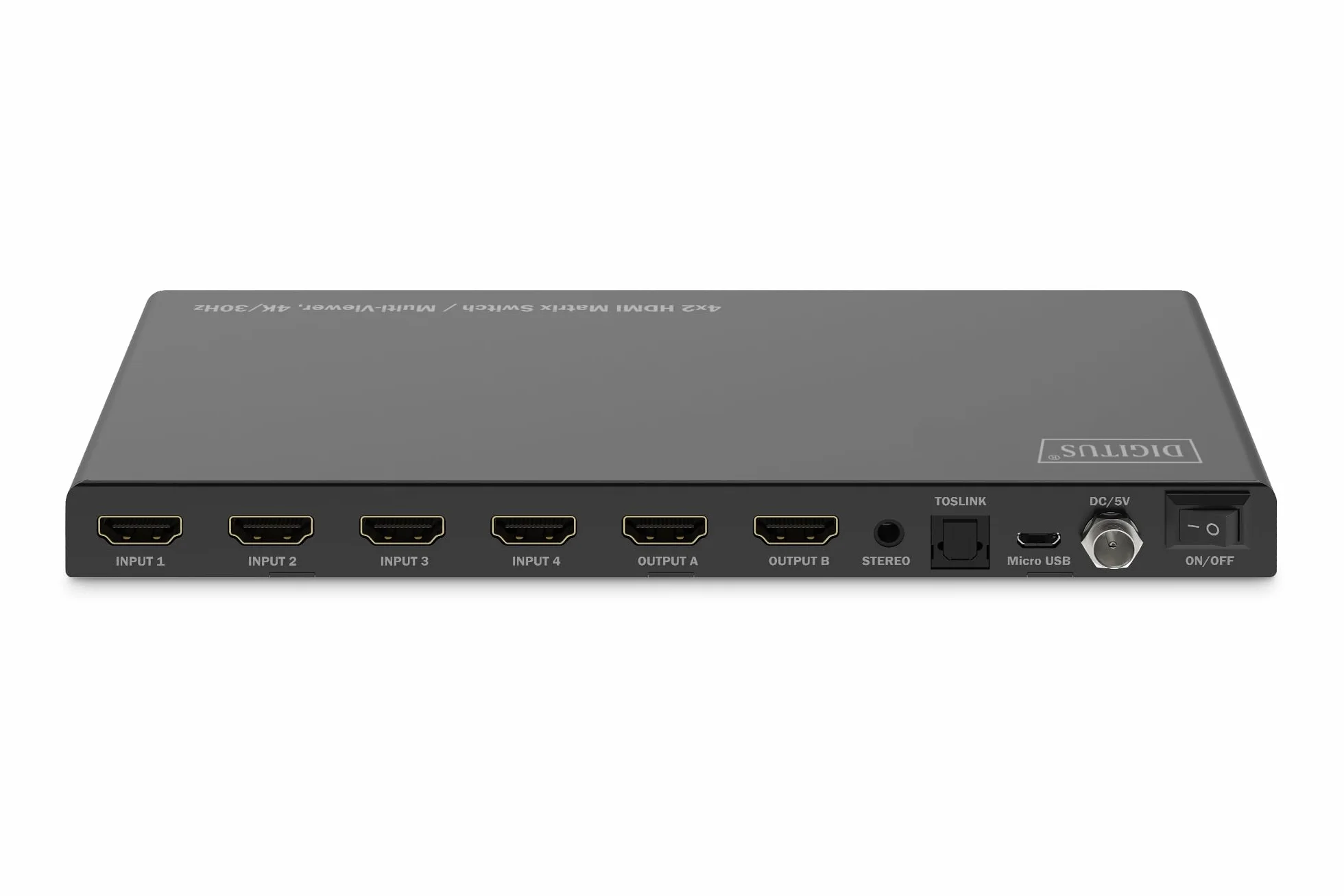 DIGITUS DS-55345 Switch a matrice HDMI 4x2-4 ingressi 2 uscite - UHD 4K/30 Hz HDTV: 3840 x 2160p - HDCP 1.4 e HDMI 1.4b - Multi-Viewer, Split-Screen, PIP - RS232, Audio (Toslink, Stereo 3,5mm)