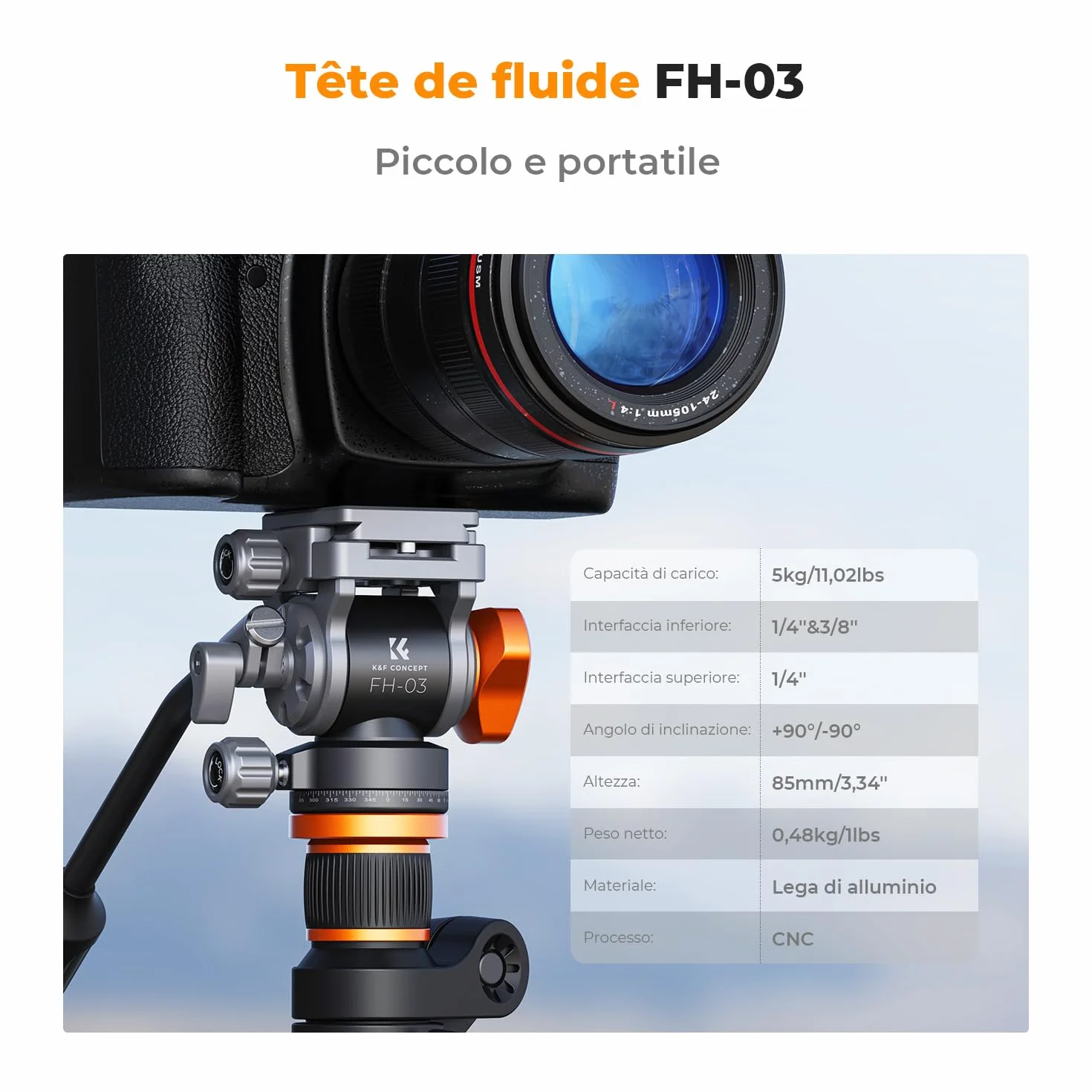 K&F CONCEPT Testa per Treppiede, FH-03 Testa Fluida con Piastra Arca-Swiss, Regolabile a 360° e Inclinazione ±90°, Testa Ammortizzata, Compatibile con Fotocamera DSLR, Videocamera, Carico Max 5kg