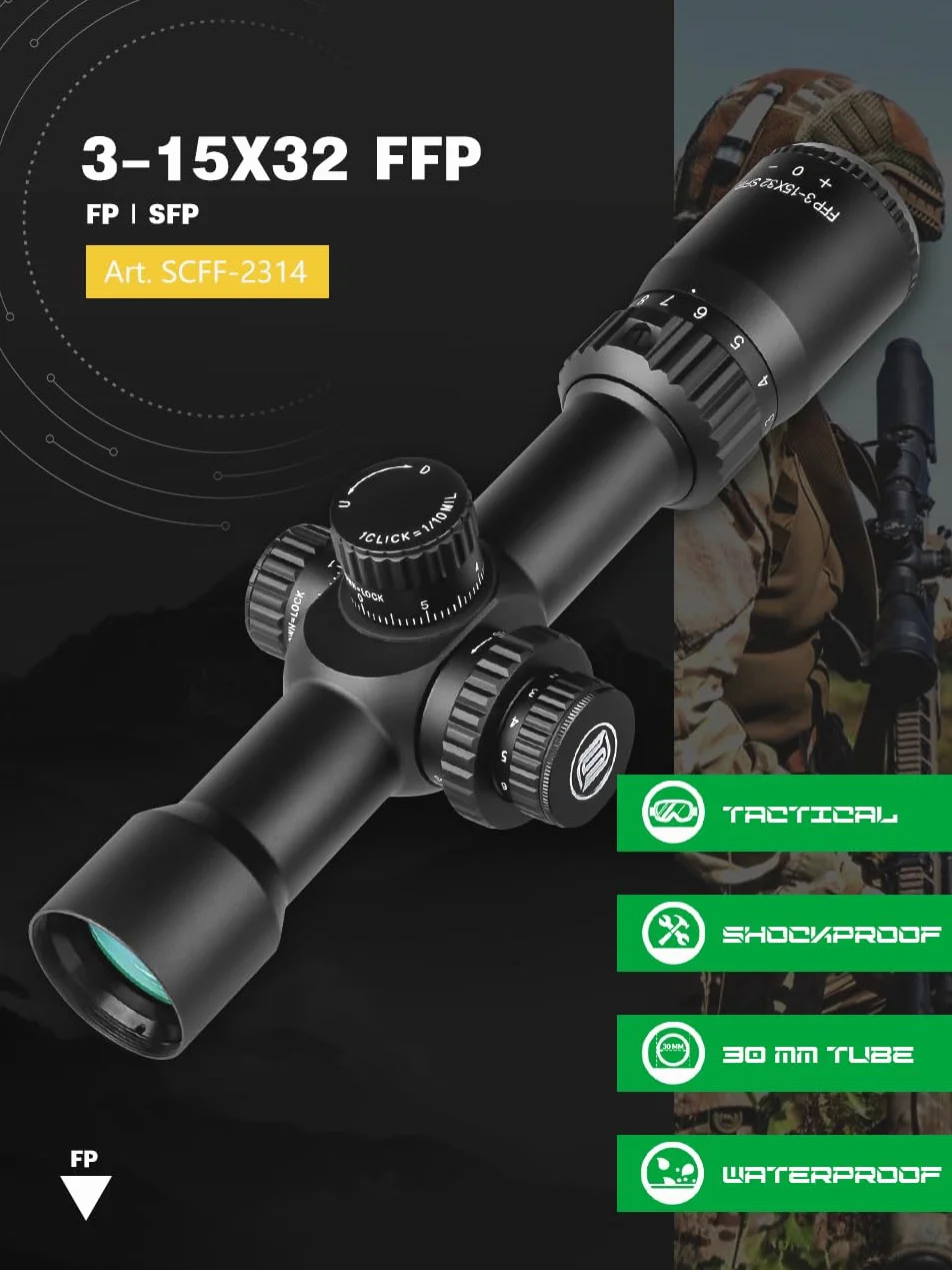 SPINA OPTICS mirino ottico 3-15x32 Mirino a Prima Focale Ottiche Fucile da Caccia con RGB Mil-dot,Impermeabile,Resistente agli urti