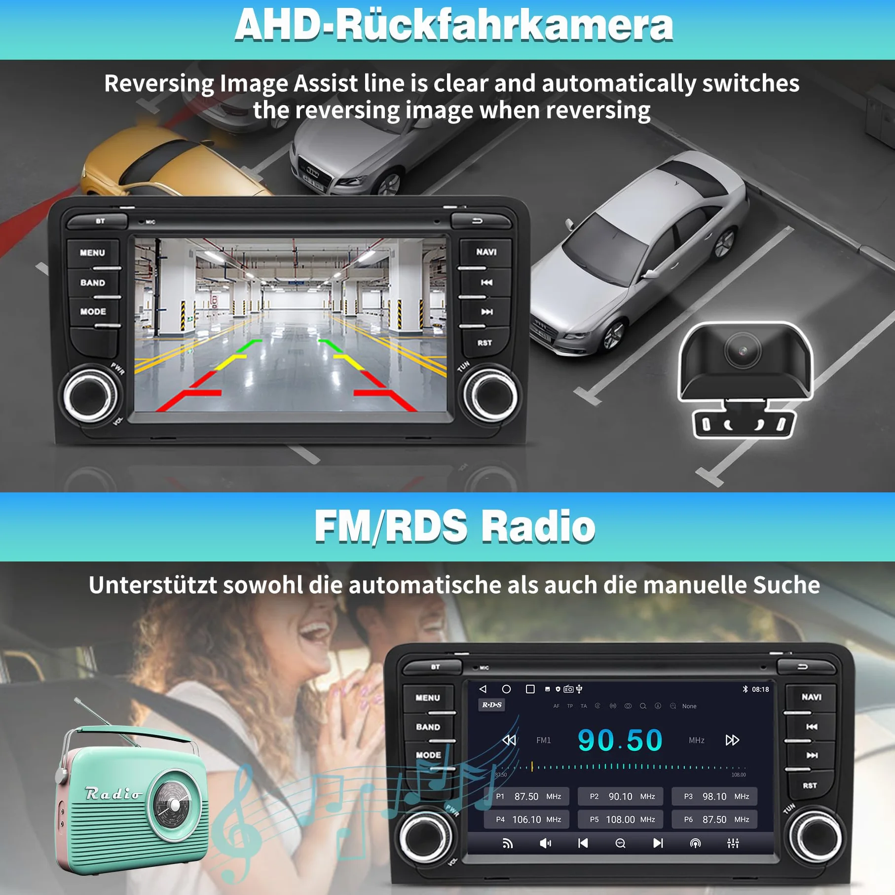 Autoradio Android 13 per Audi A3/S3/RS3 8P (2003-2012), touchscreen HD da 7 pollici, CarPlay/Android Auto wireless, Navigazione GPS, Wi-Fi, Bluetooth + Telecamera posteriore HD, Comandi al Volante