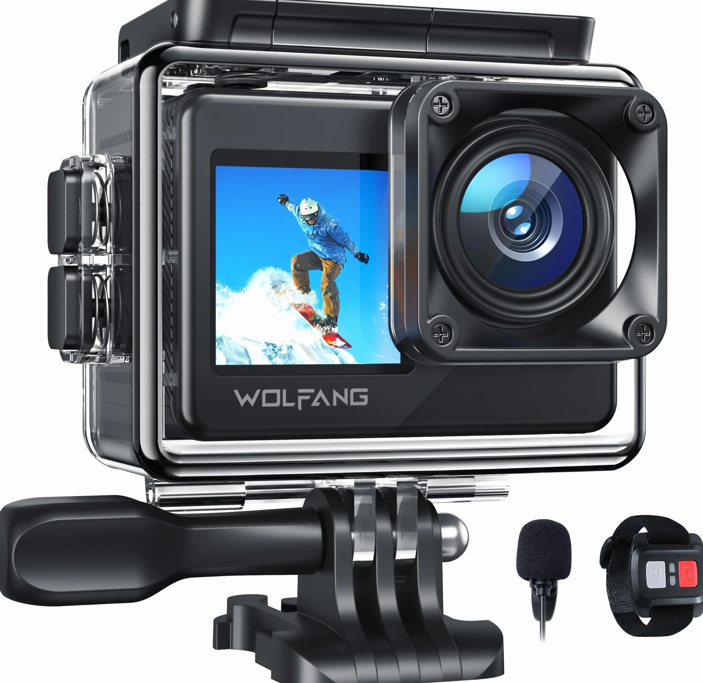 WOLFANG Action Camera 4K 30FPS 20MP WIFI 170° Wide Angle 40M Waterproof with External Mic Remote 2 Batteries
