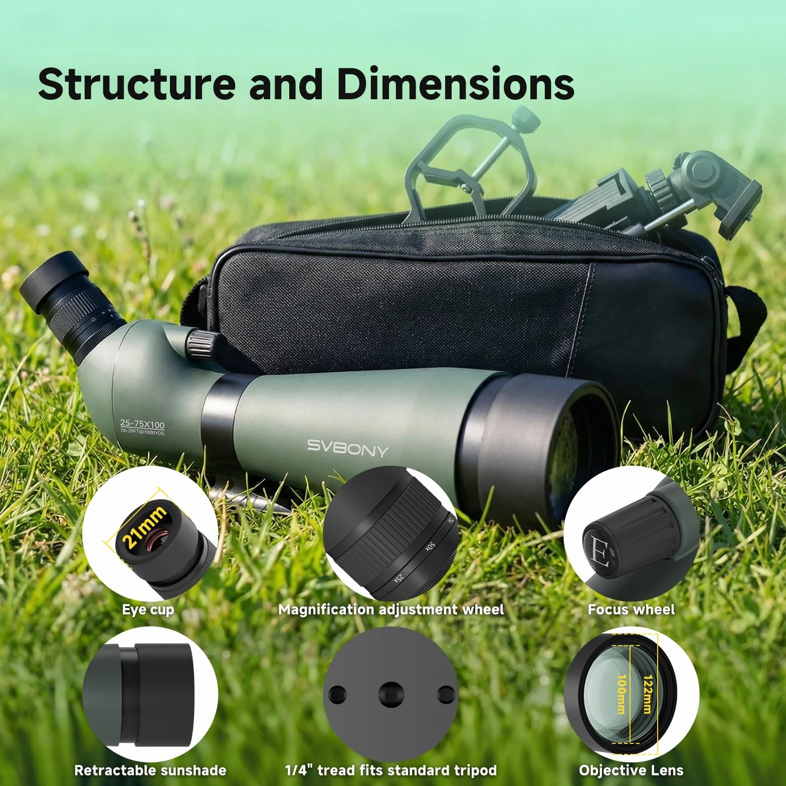 Svbony SV28 - Cannocchiale da 25-75 x 100 mm con treppiede, ampio campo visivo, immagini chiare e luminose, HD Bak4 FMC Spotter Scope con adattatore per smartphone, per tiro al bersaglio bird watching