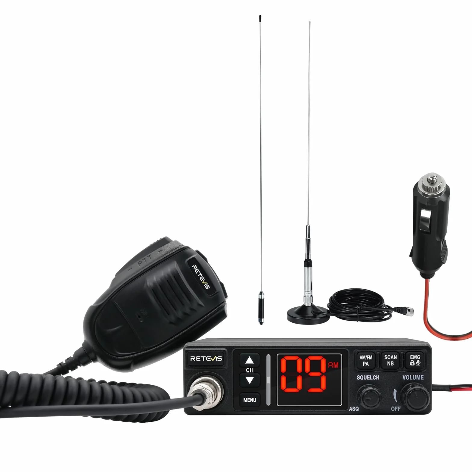 Retevis MB63A Radio CB, AM FM CB Auto con Antenna, Filtro Antirumore NB/ANL, 12V/24V con Accendino, Sistema PA, con Microfoni 6 Pin, 40 Canali, 4W, EMG CH9/19, per Camion Camper