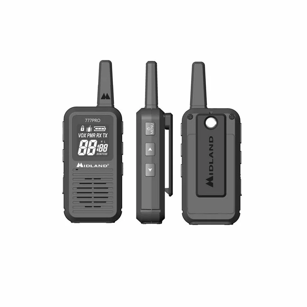 Midland - Walkie Talkie 777 Pro, 2 Ricetrasmittenti Professionali per Security, 85 Canali - 16 PMR446/69 LPD, 38 CTCSS e 104 DCS, Autonomia 14H, Copertura 6Km, Display Digitale, Batterie Ricaricabili