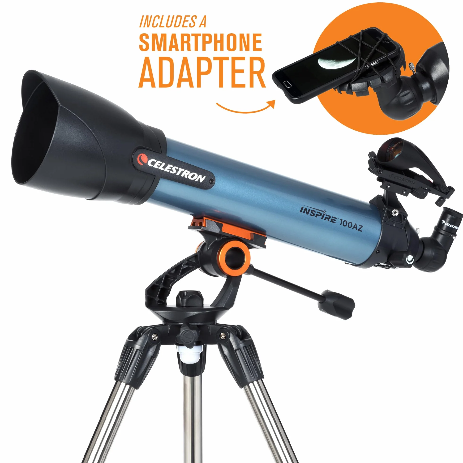 Celestron 22403 Inspire 100AZ Telescopio rifrattore con adattatore per smartphone incorporato, blu