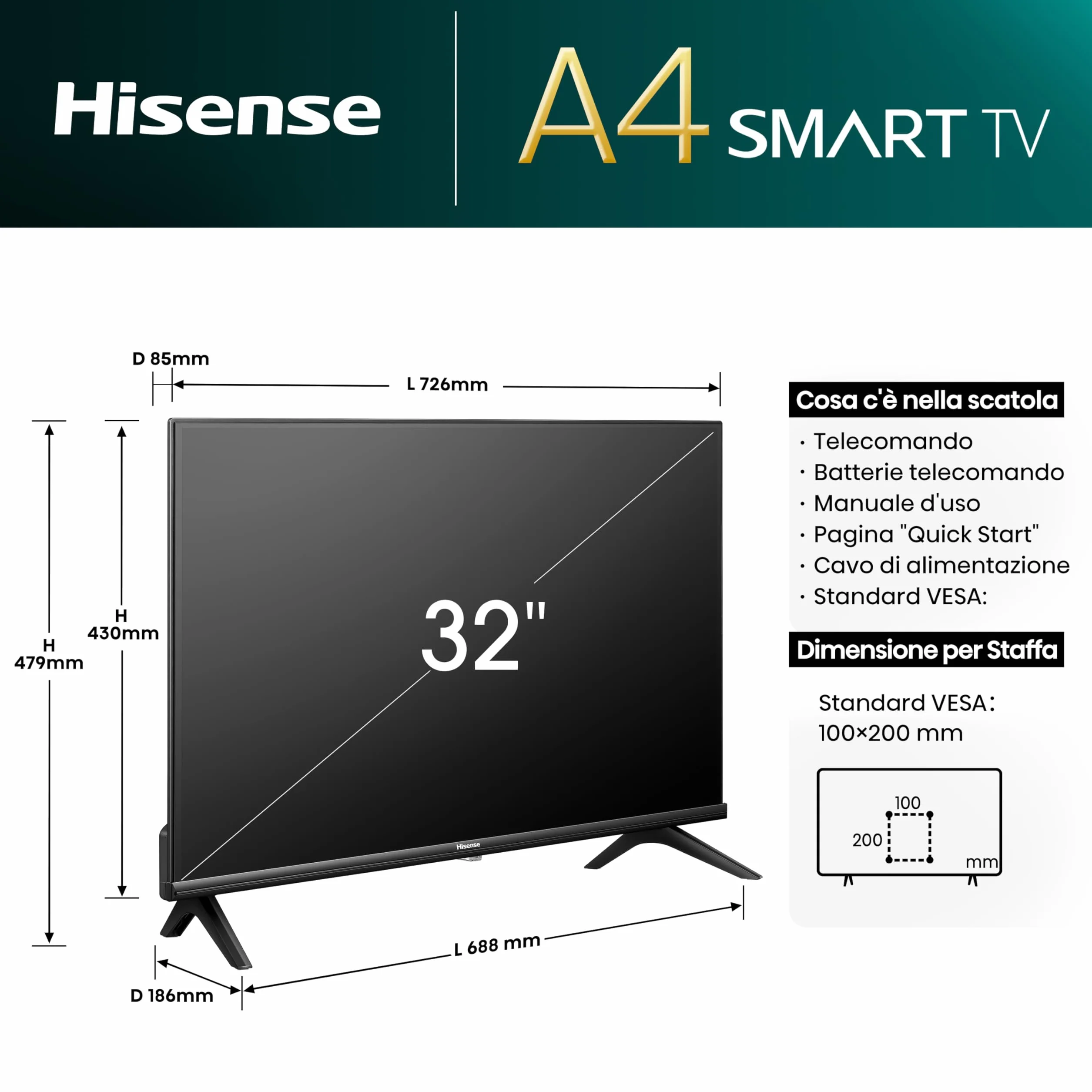 Hisense TV 32" HD Ready 32A4N, Smart TV VIDAA U7, Game Mode, Works with Alexa, Tuner DVB-T2/S2 HEVC 10, lativù, 32'', 2024 LED