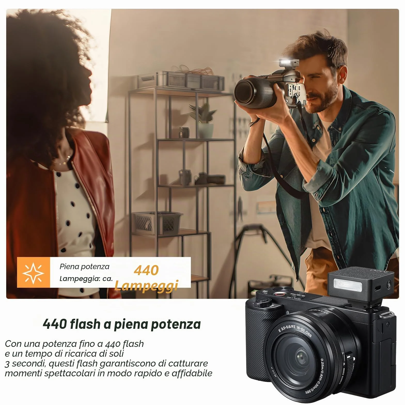 GODOX iM20 - Mini flash per fotocamera, 5 livelli di potenza, 6000 K ± 200 K 440 Flash Full-Power Godox im20 Mini Flash per Canon Sony Nikon Fuji Olympus