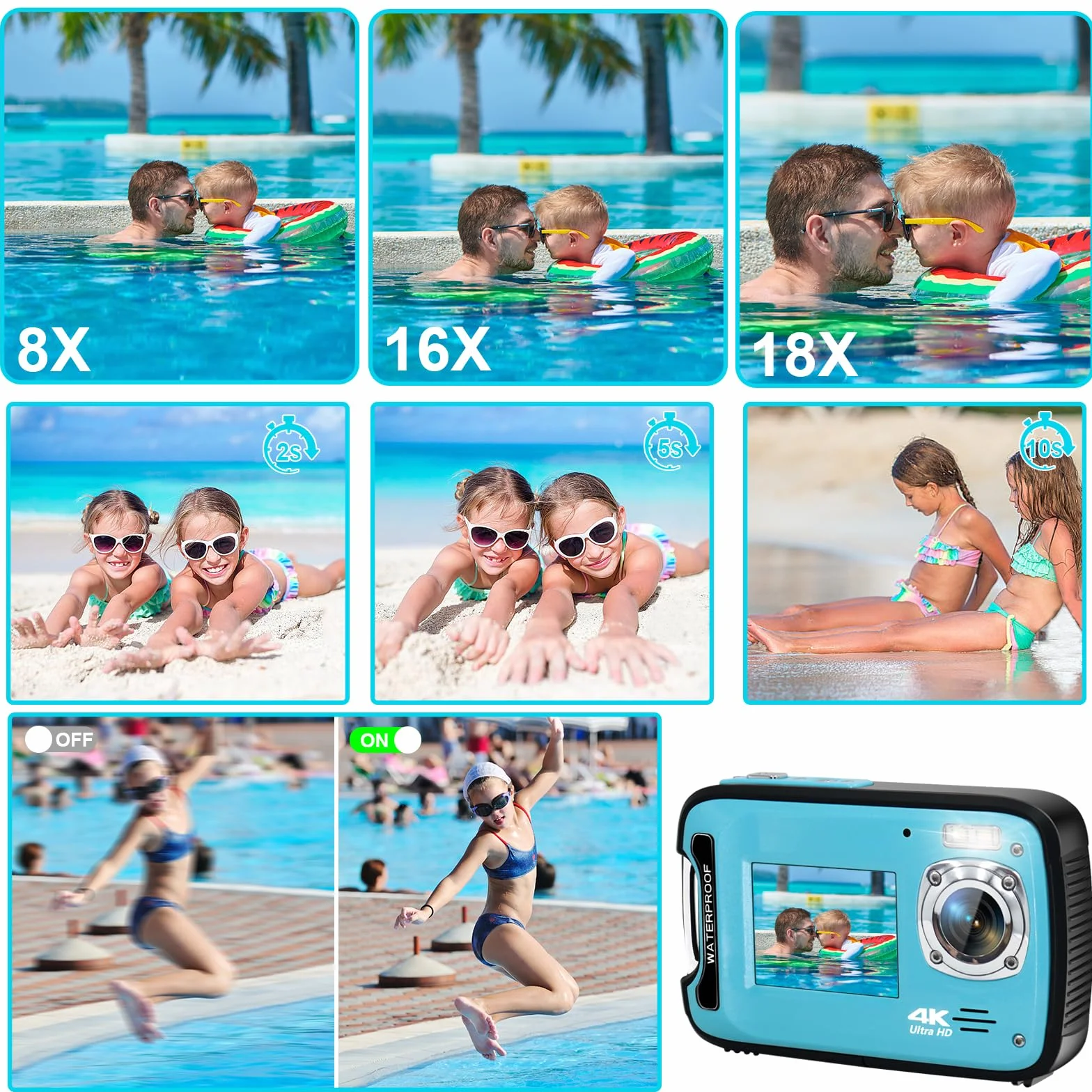 Fotocamera subacquea, 4K 48 MP, fotocamera impermeabile per snorkeling, fotocamera digitale a doppio schermo con messa a fuoco automatica con scheda da 32 GB, zoom 18x, fotocamera compatta