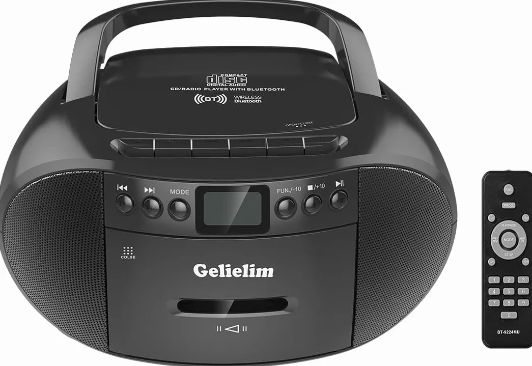 G Keni CD portatile e lettore cassette Boombox Combo, registratore cassette con telecomando, radio AM/FM, riproduzione USB, jack cuffie, alimentato batteria/rete