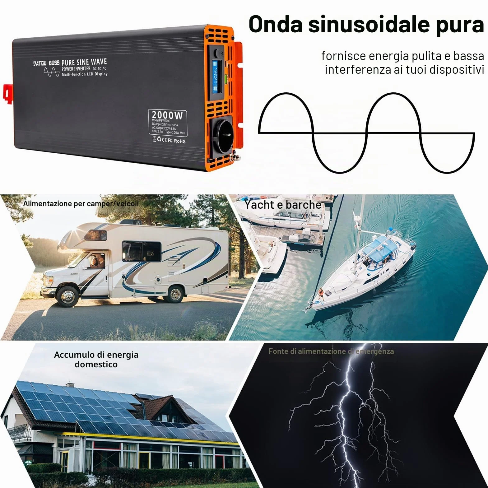 DATOUBOSS Inverter 24v 220v/230v Onda Pura 2000W/4000W, Inverter Onda Pura 2000W, Convertitore 24v 220v 2000w con LCD Display & Type-C e 1 presa AC e 1 Porta USB per Auto,Camion, Camper