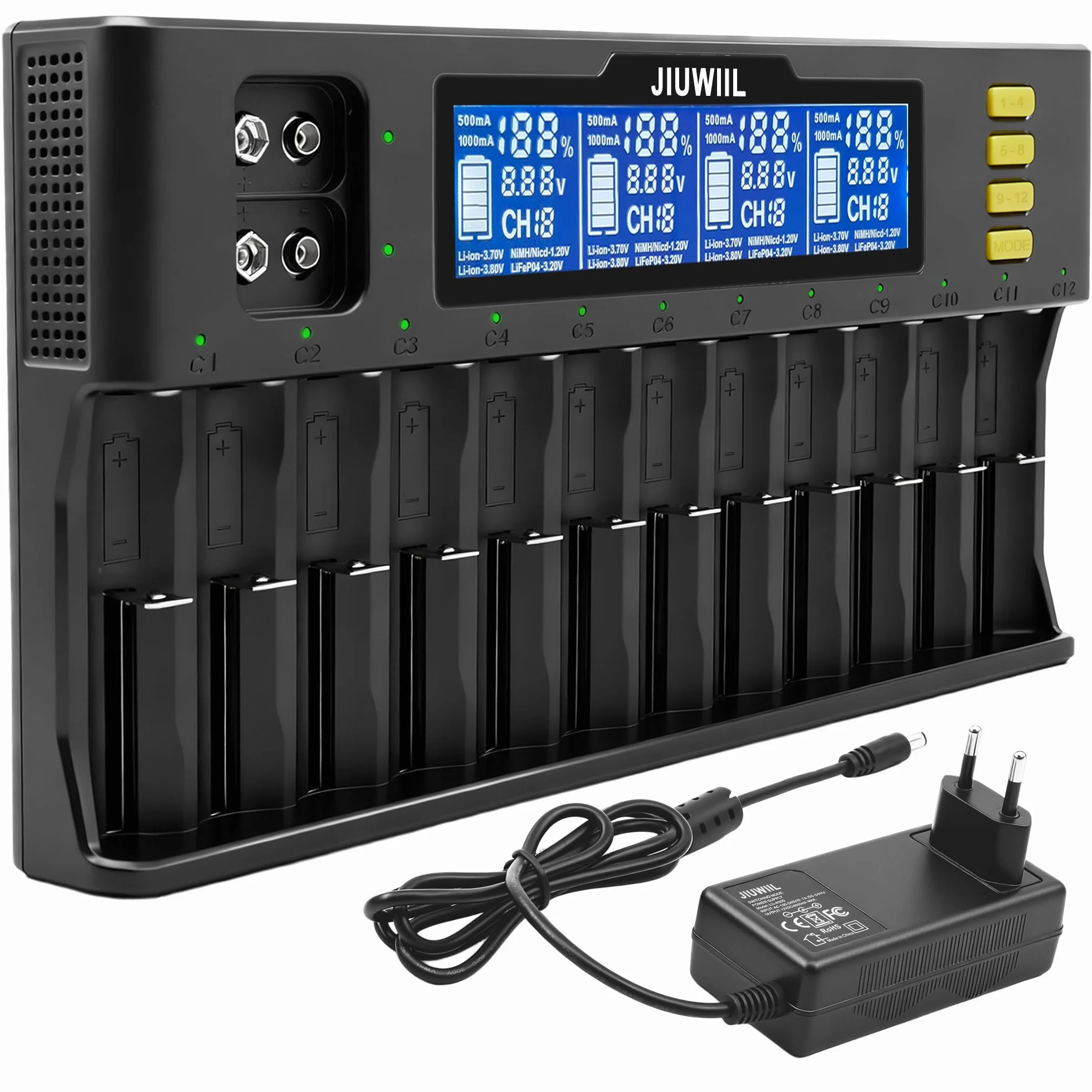 Caricabatterie 18650, JIUWIIL 12+2 slot Caricabatterie universale a ricarica rapida con display LCD per batterie ricaricabili Li-ion LiFePO4 RCR123 18650 26650 10440 14500 & 9V
